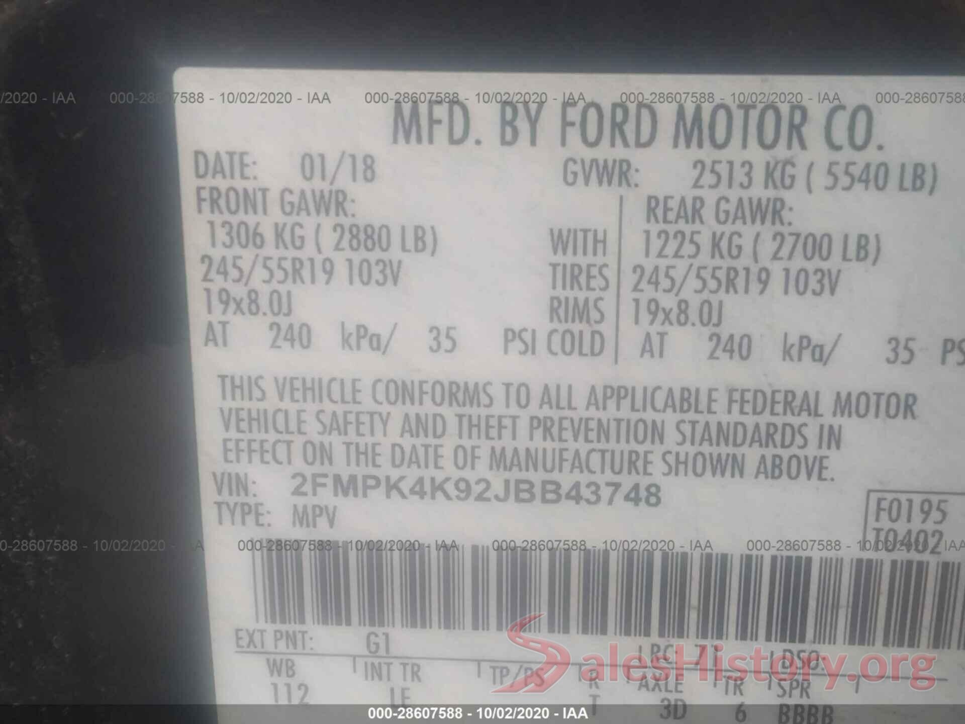 2FMPK4K92JBB43748 2018 FORD EDGE