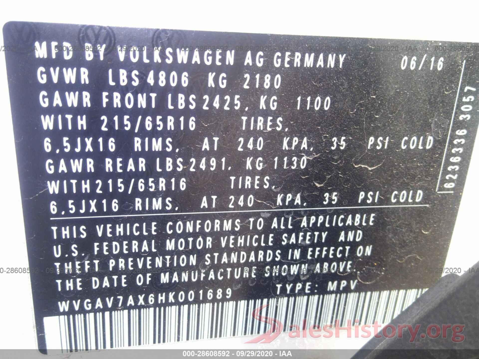 WVGAV7AX6HK001689 2017 VOLKSWAGEN TIGUAN