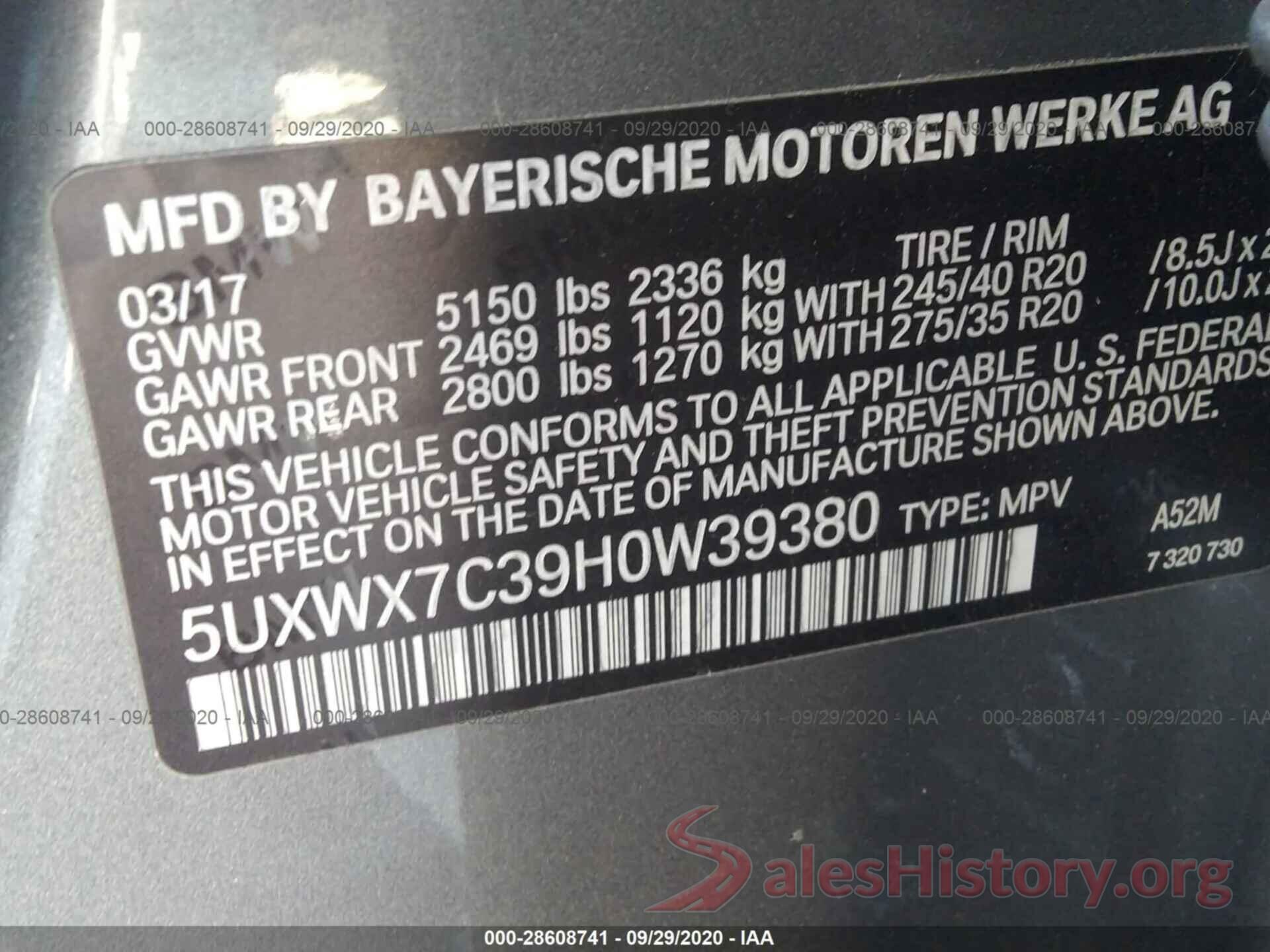 5UXWX7C39H0W39380 2017 BMW X3