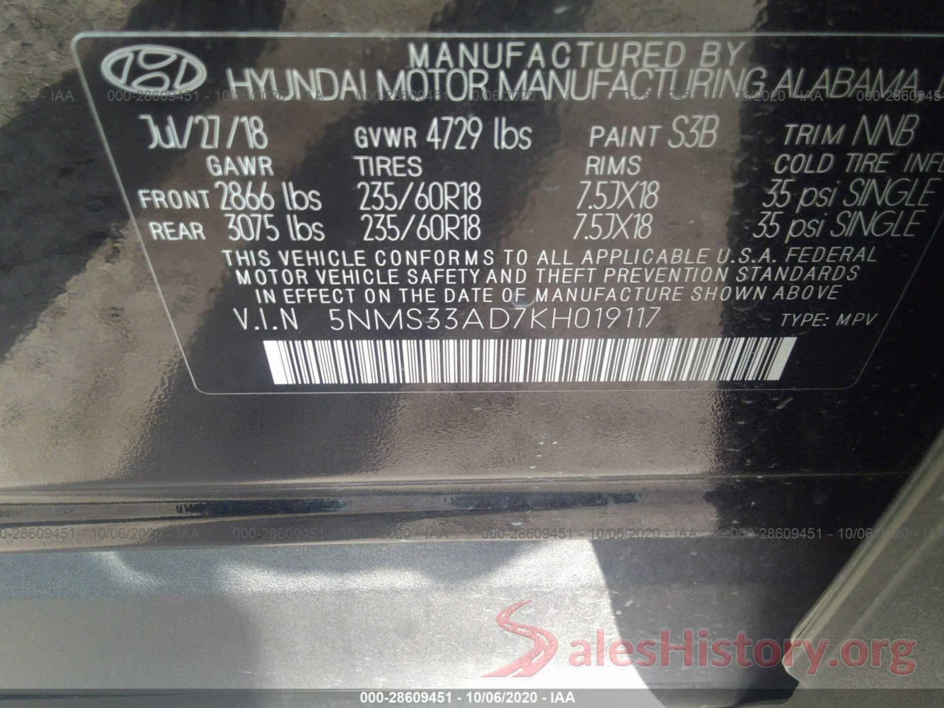 5NMS33AD7KH019117 2019 HYUNDAI SANTA FE