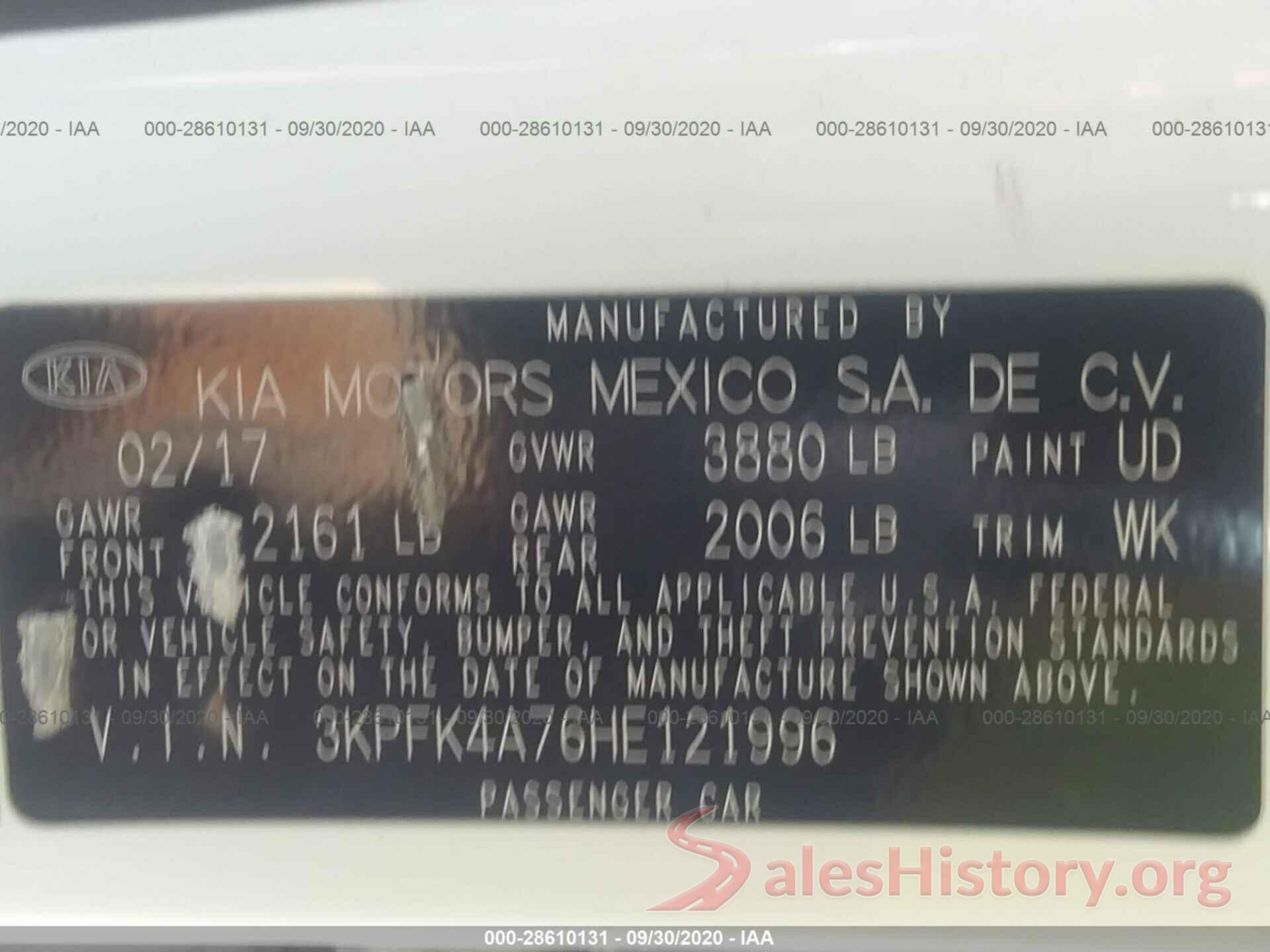 3KPFK4A76HE121996 2017 KIA FORTE