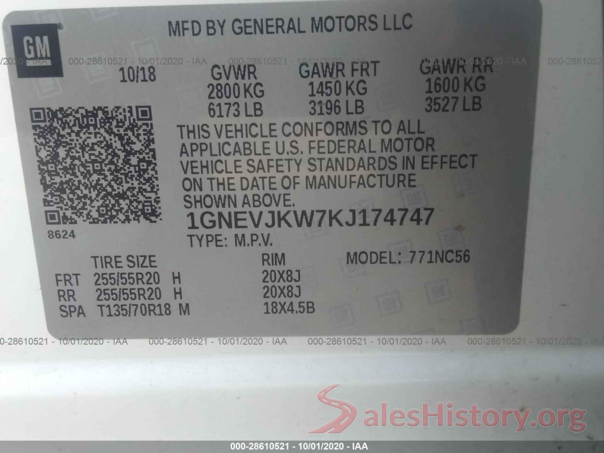 1GNEVJKW7KJ174747 2019 CHEVROLET TRAVERSE