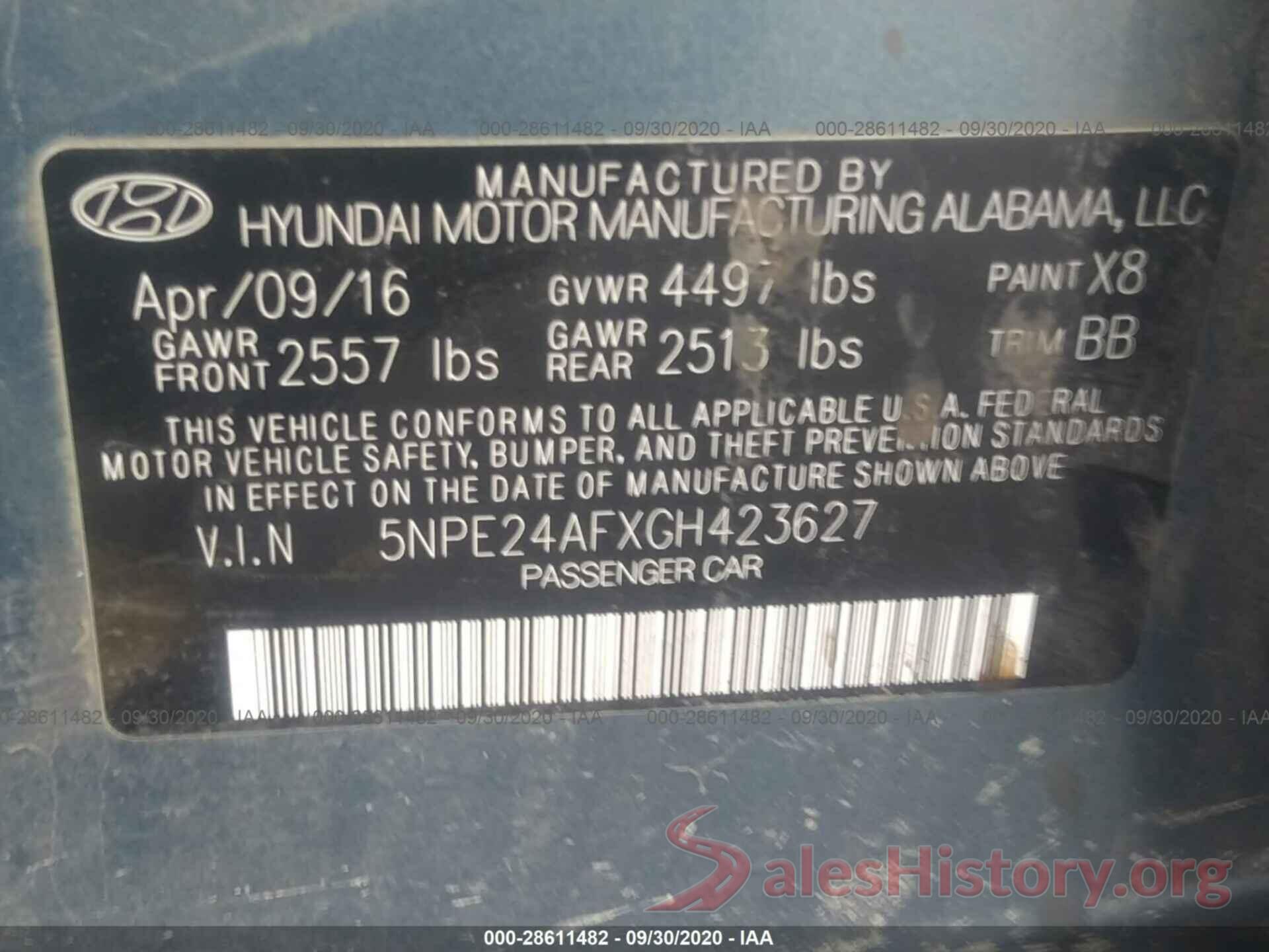 5NPE24AFXGH423627 2016 HYUNDAI SONATA