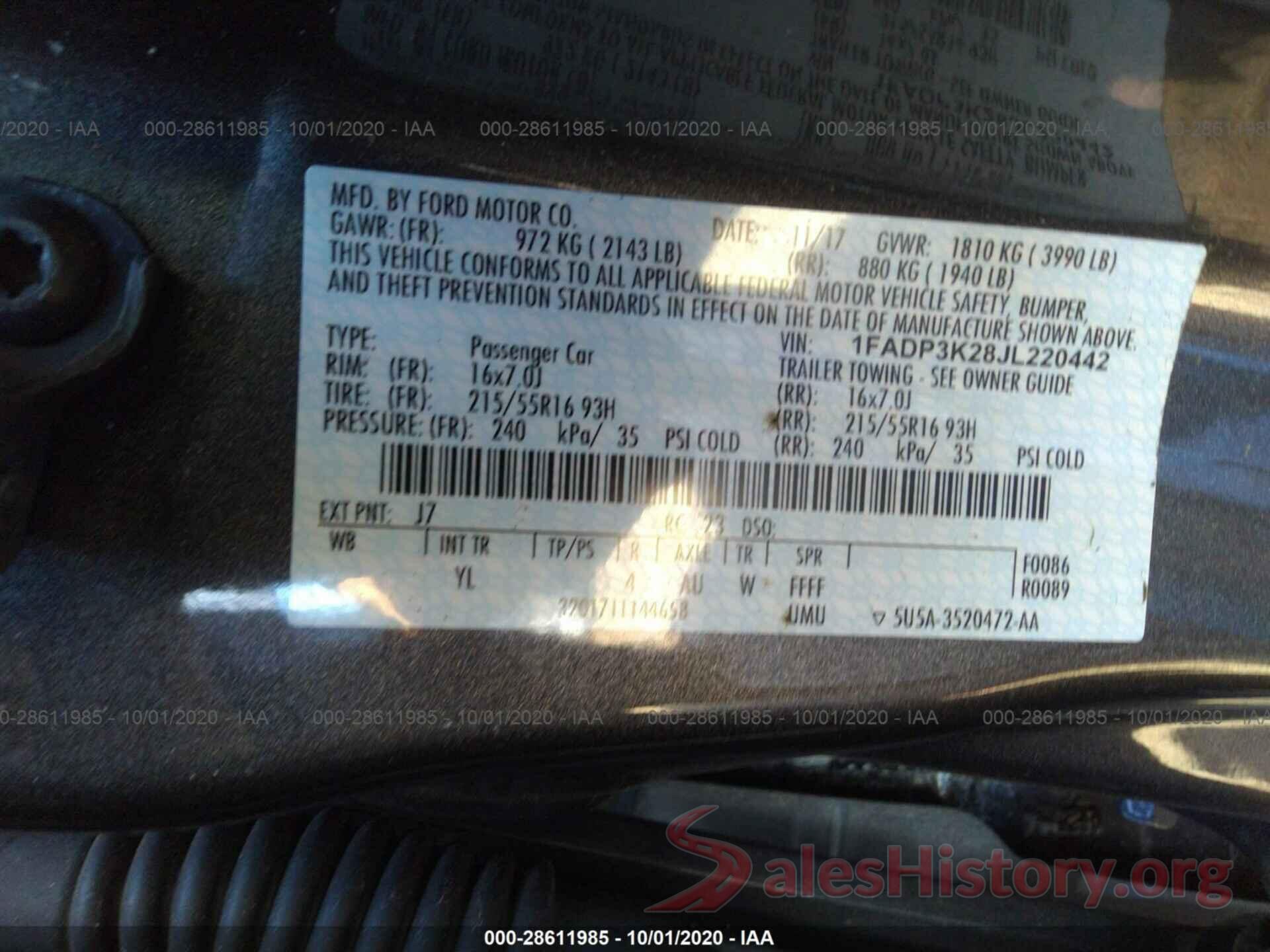 1FADP3K28JL220442 2018 FORD FOCUS