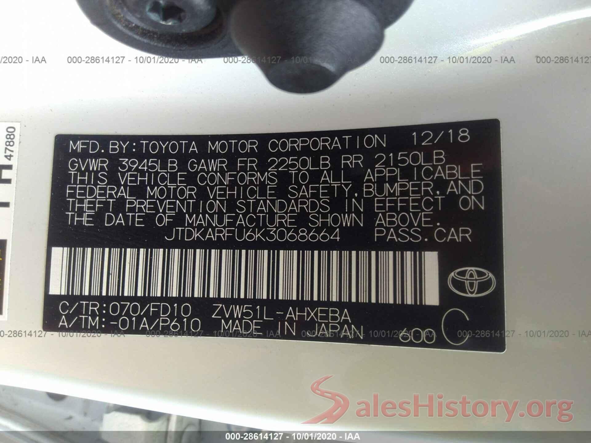 JTDKARFU6K3068664 2019 TOYOTA PRIUS