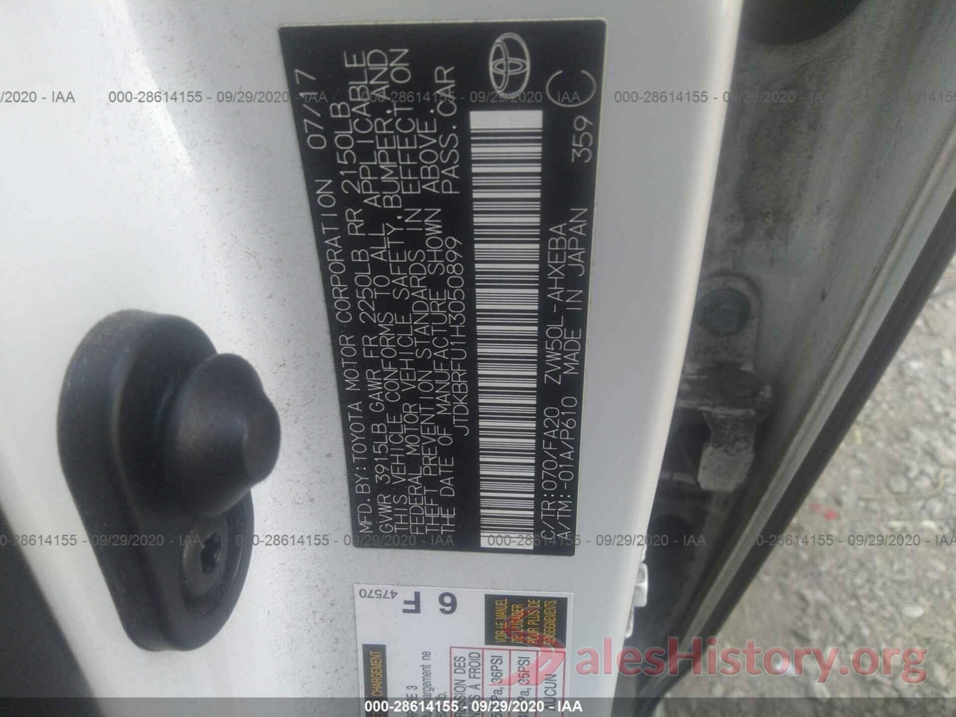 JTDKBRFU1H3050899 2017 TOYOTA PRIUS