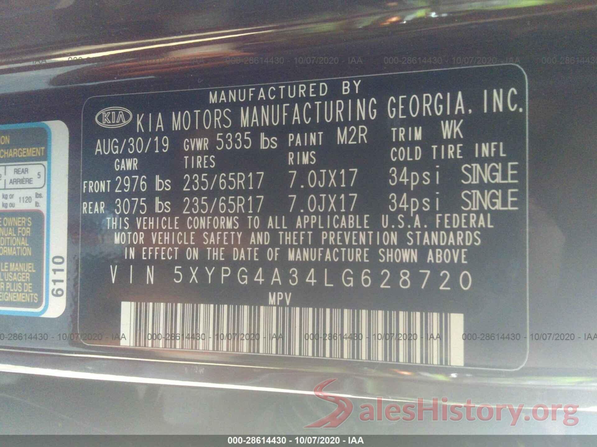 5XYPG4A34LG628720 2020 KIA SORENTO