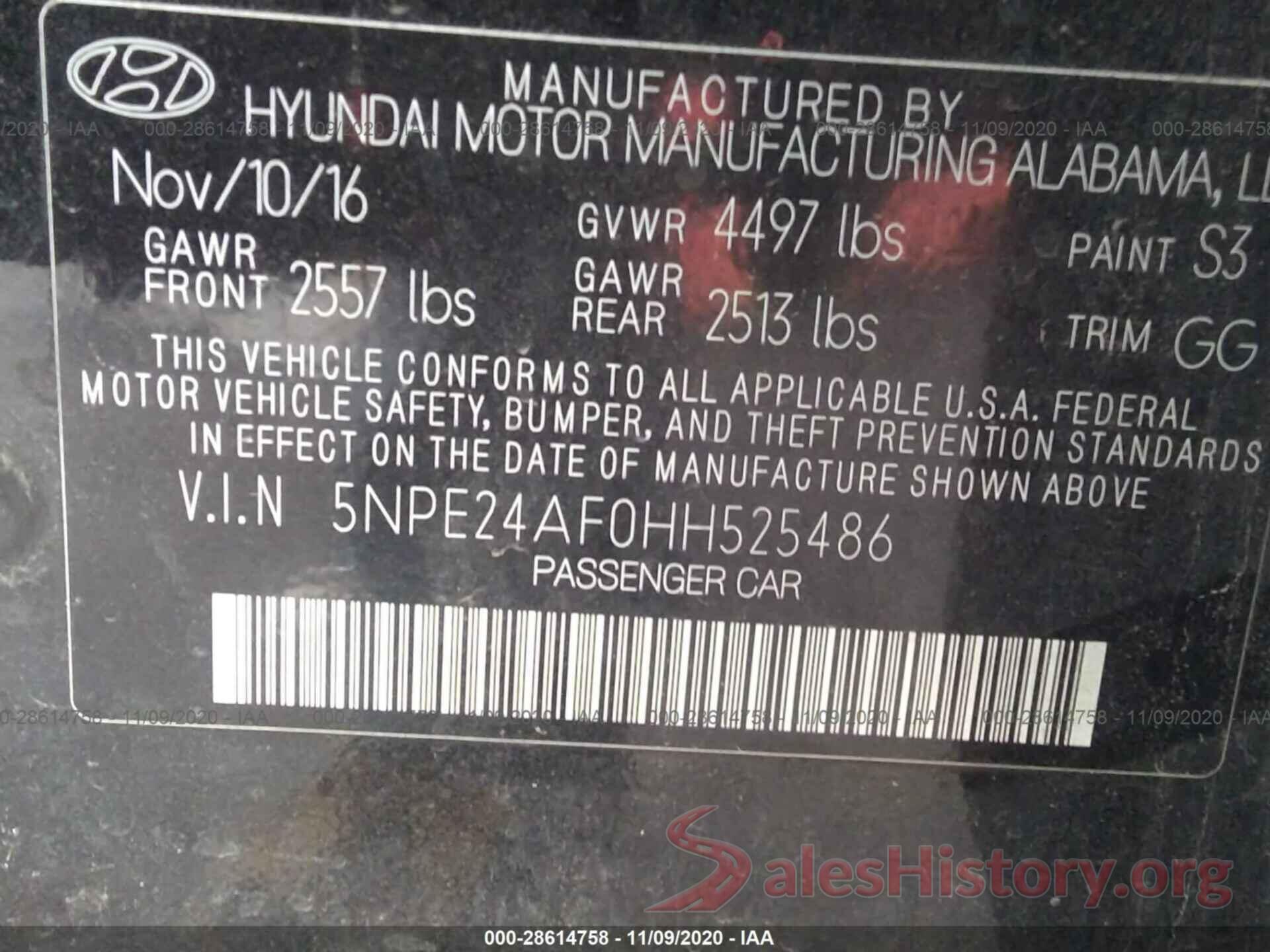 5NPE24AF0HH525486 2017 HYUNDAI SONATA