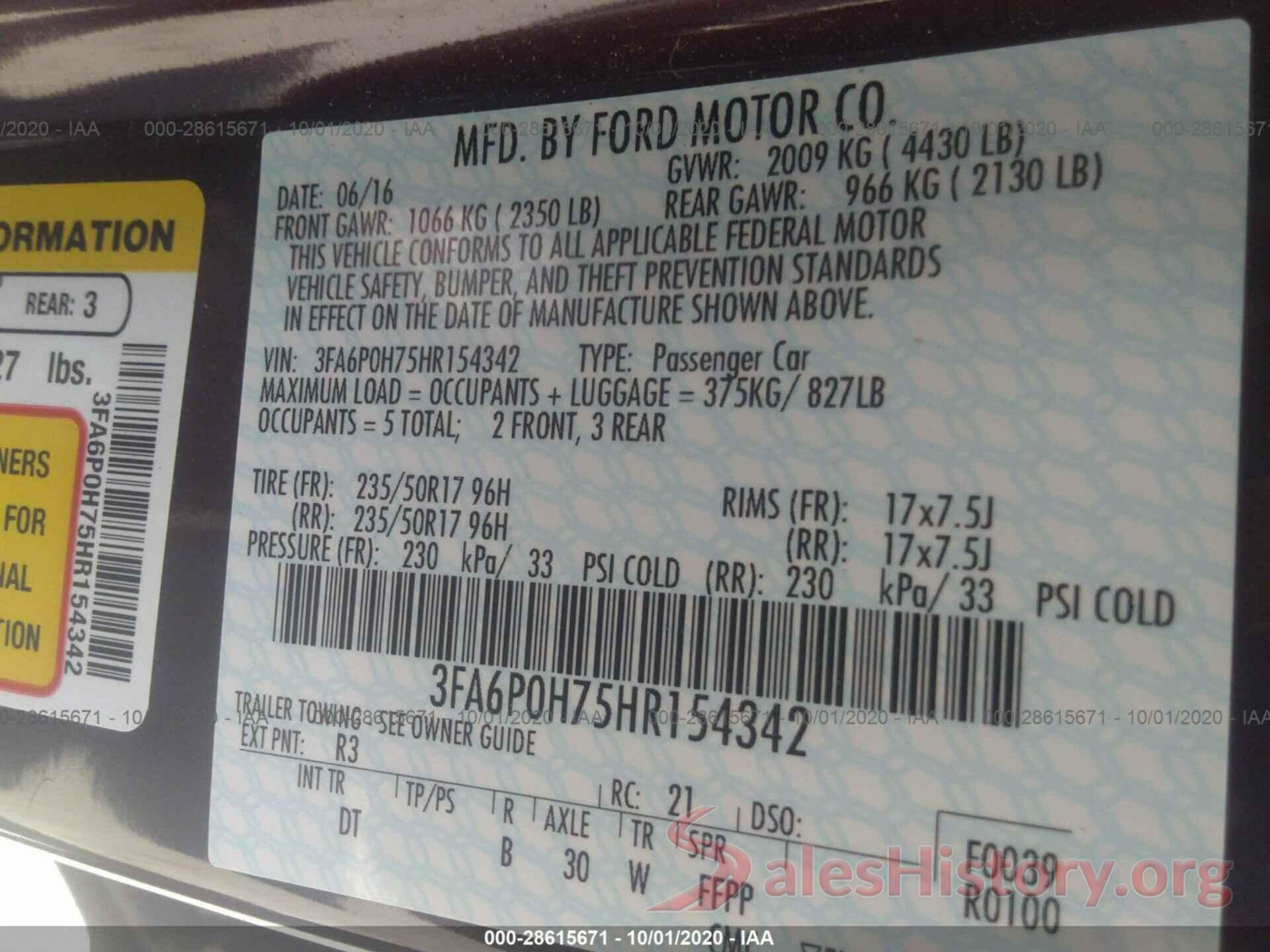 3FA6P0H75HR154342 2017 FORD FUSION