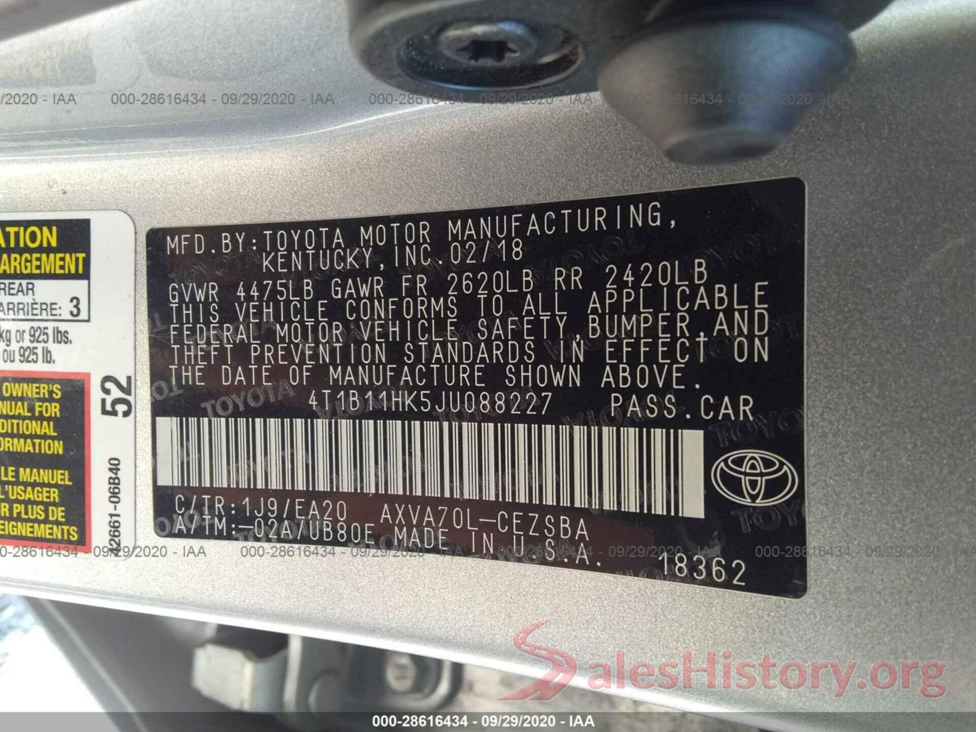 4T1B11HK5JU088227 2018 TOYOTA CAMRY