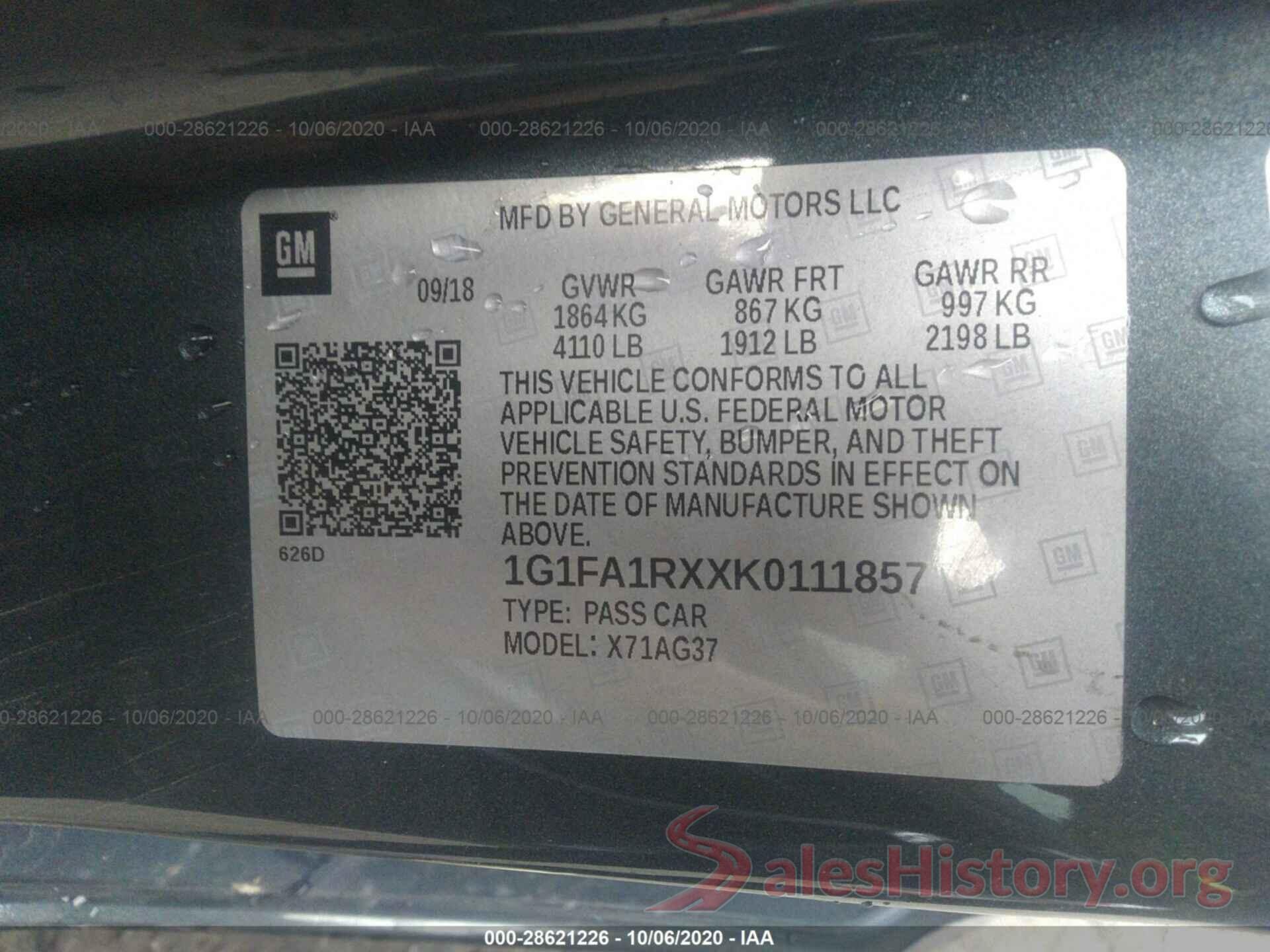 1G1FA1RXXK0111857 2019 CHEVROLET CAMARO