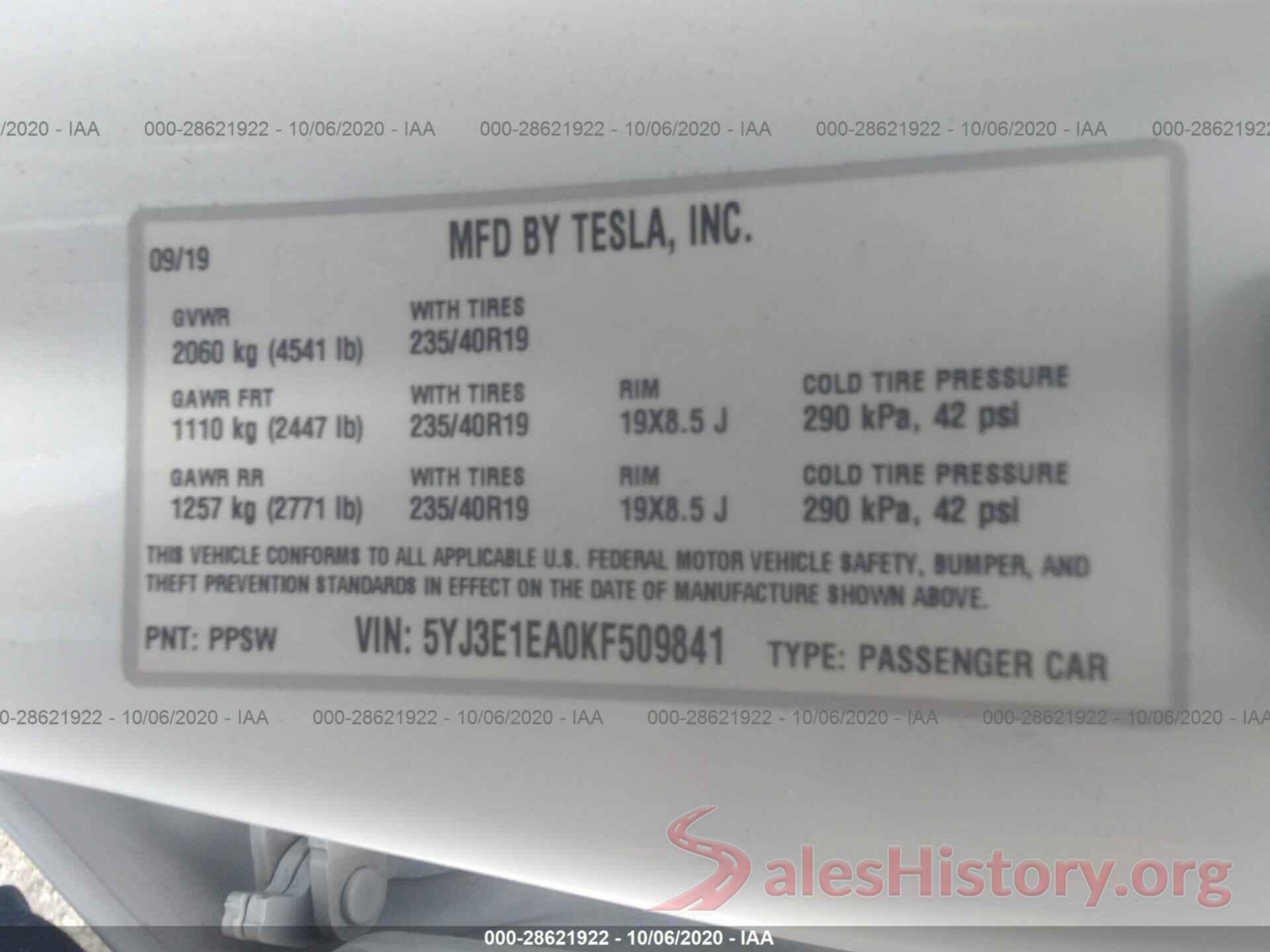 5YJ3E1EA0KF509841 2019 TESLA MODEL 3