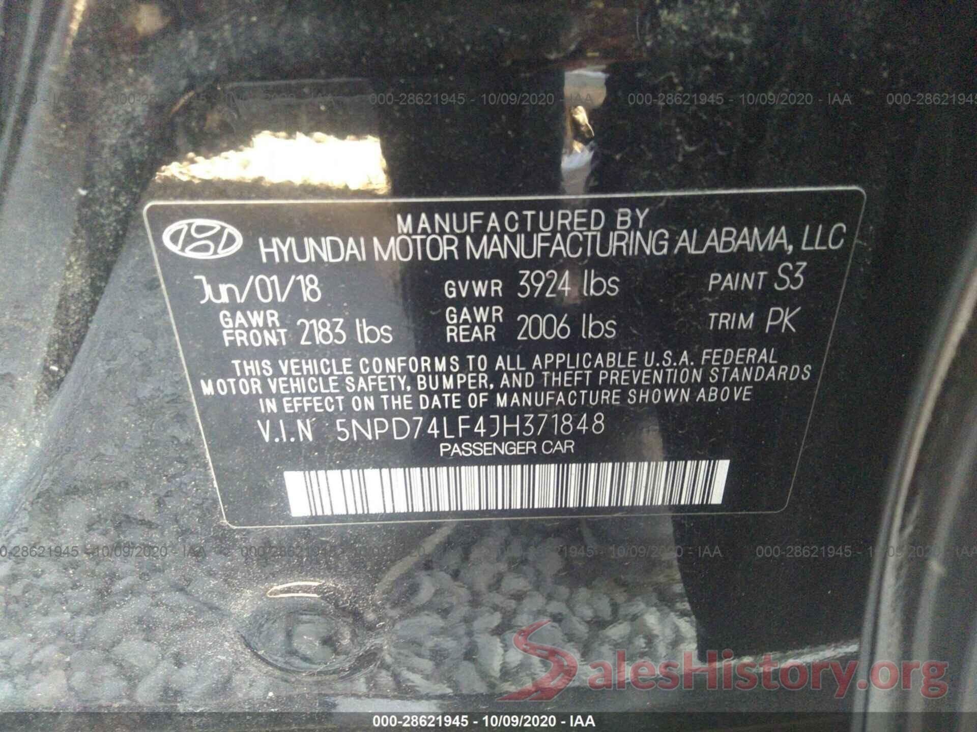 5NPD74LF4JH371848 2018 HYUNDAI ELANTRA