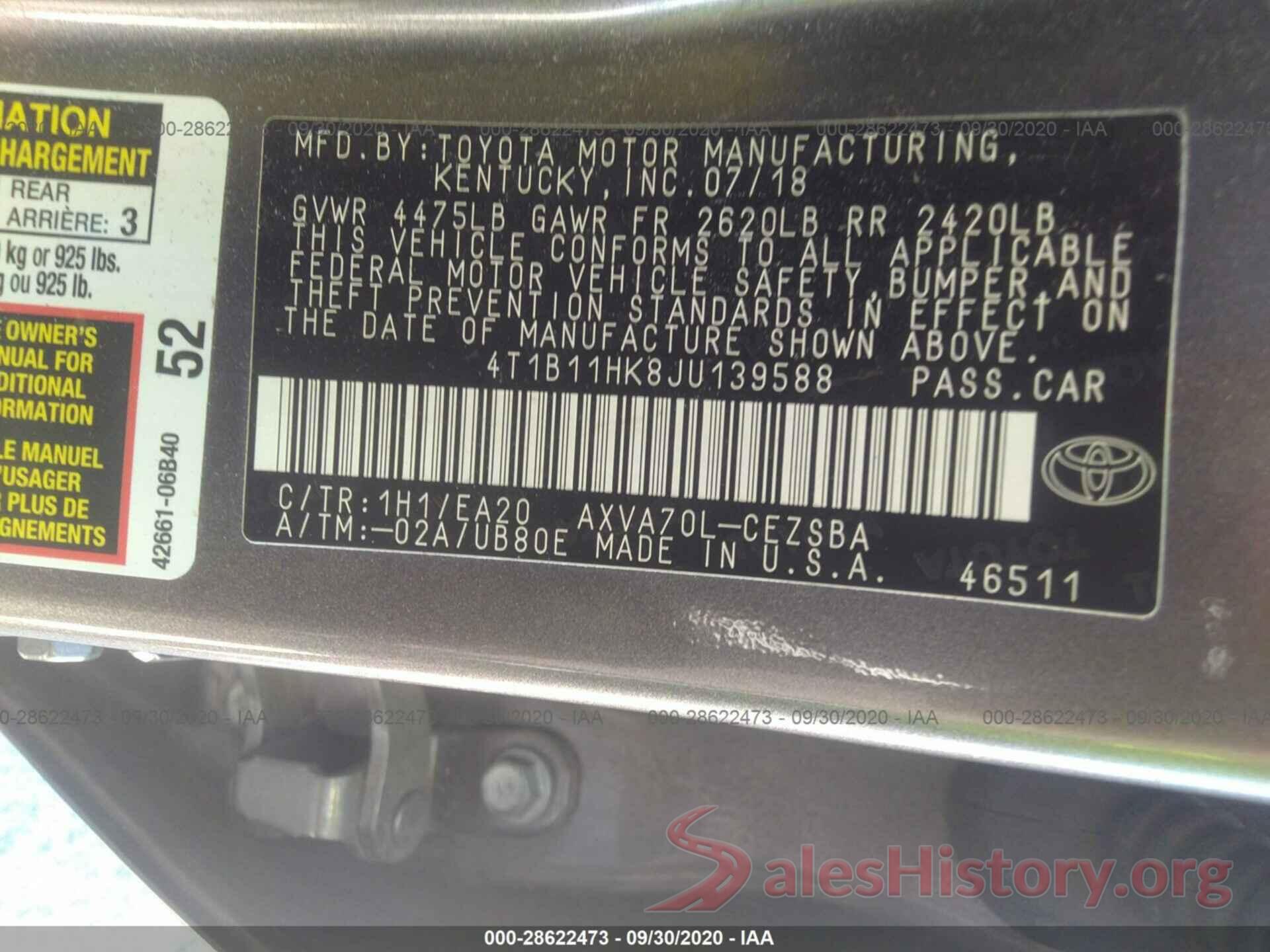 4T1B11HK8JU139588 2018 TOYOTA CAMRY