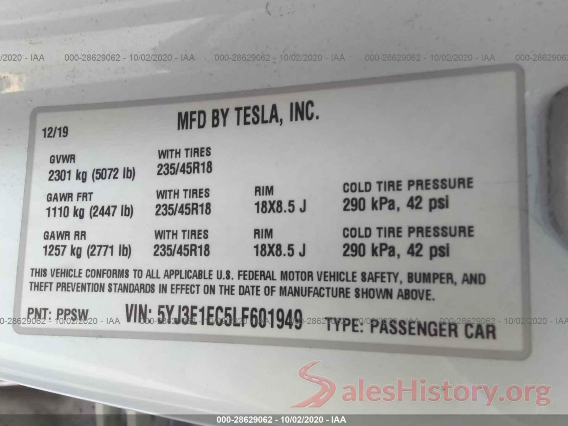 5YJ3E1EC5LF601949 2020 TESLA MODEL 3