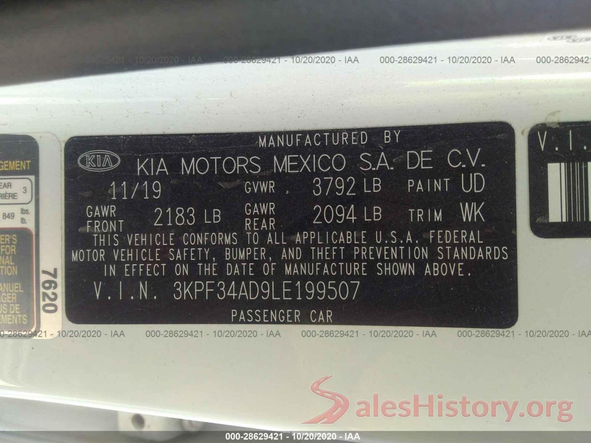 3KPF34AD9LE199507 2020 KIA FORTE