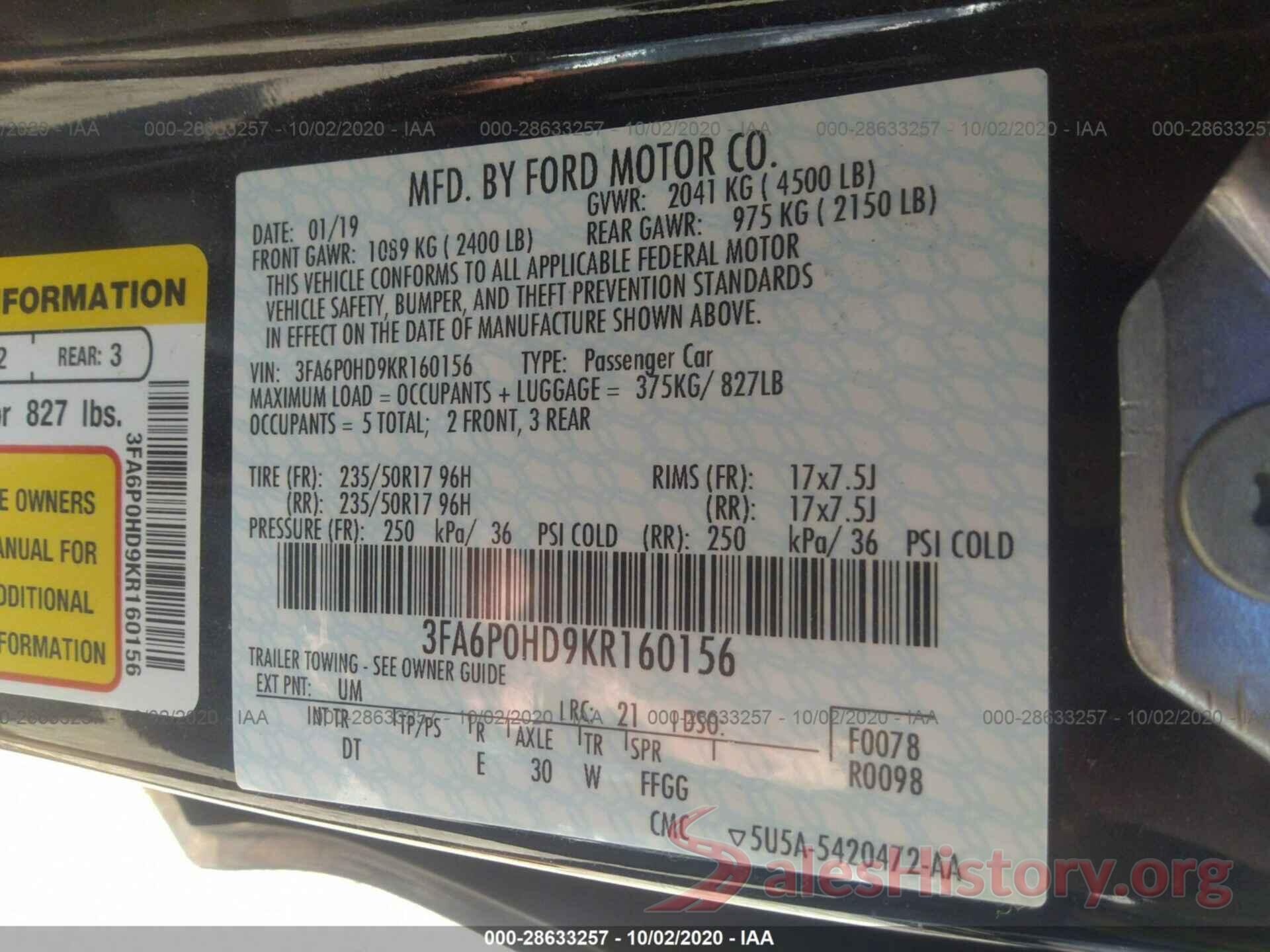 3FA6P0HD9KR160156 2019 FORD FUSION