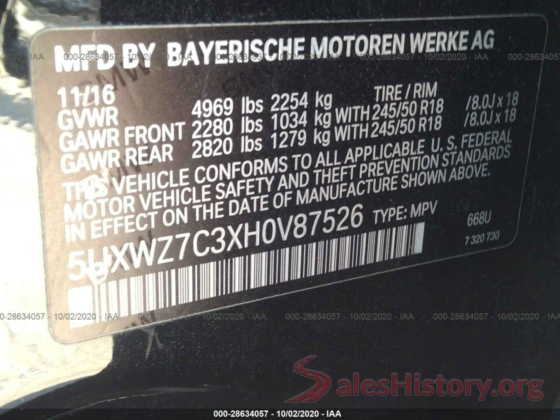 5UXWZ7C3XH0V87526 2017 BMW X3