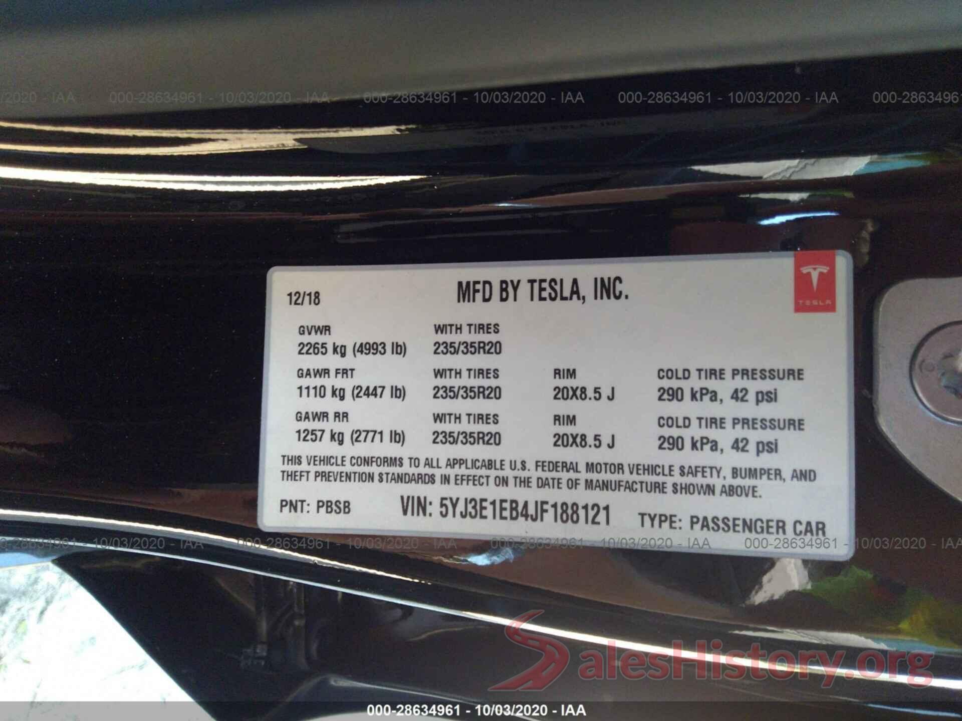 5YJ3E1EB4JF188121 2018 TESLA MODEL 3