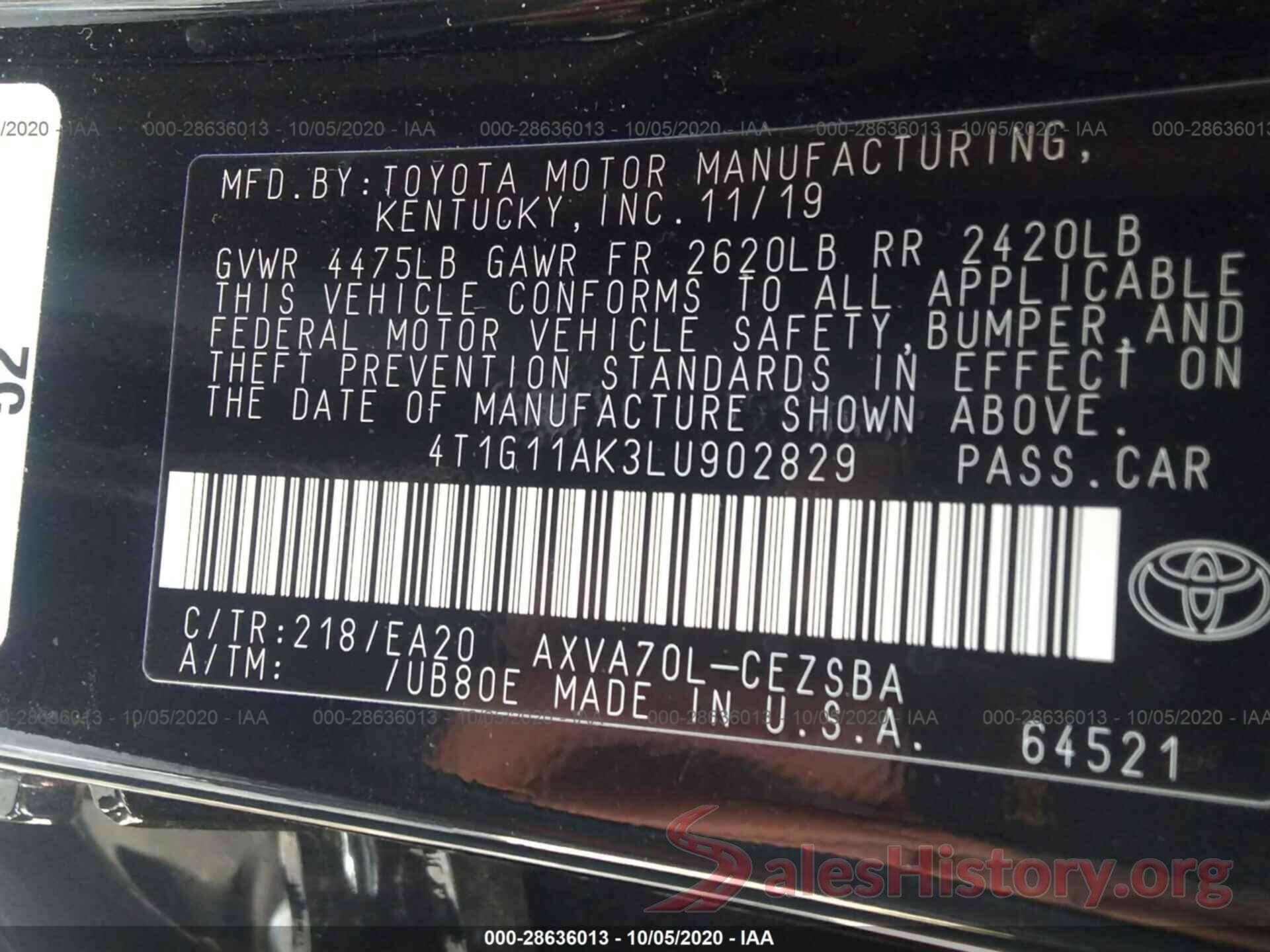 4T1G11AK3LU902829 2020 TOYOTA CAMRY