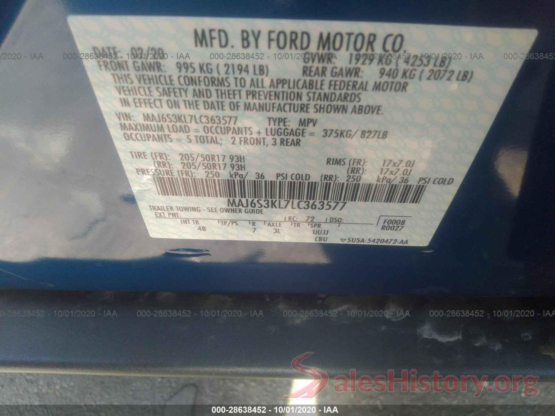 MAJ6S3KL7LC363577 2020 FORD ECOSPORT