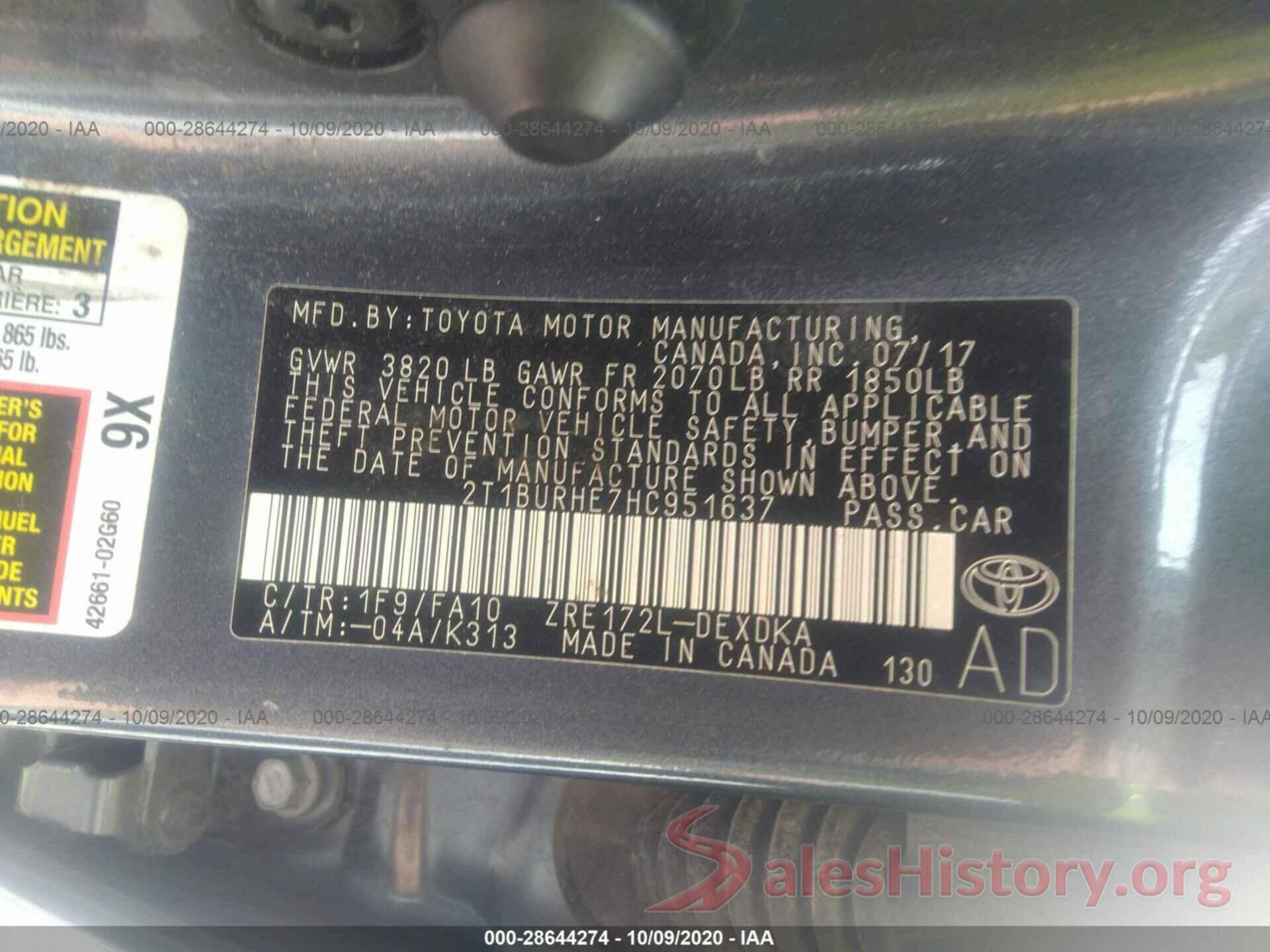 2T1BURHE7HC951637 2017 TOYOTA COROLLA