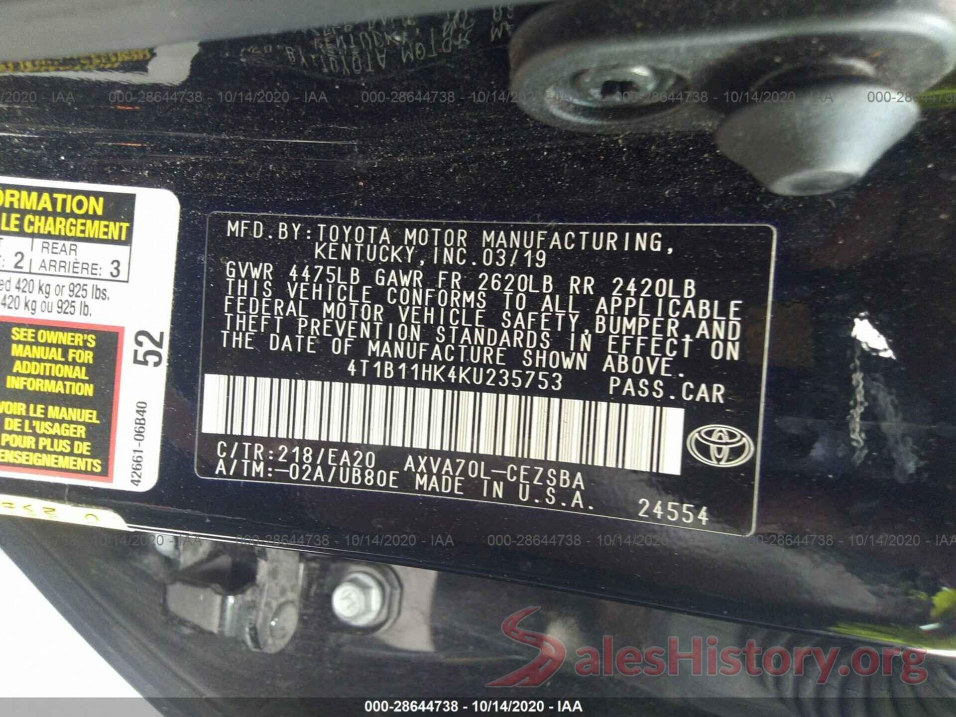 4T1B11HK4KU235753 2019 TOYOTA CAMRY