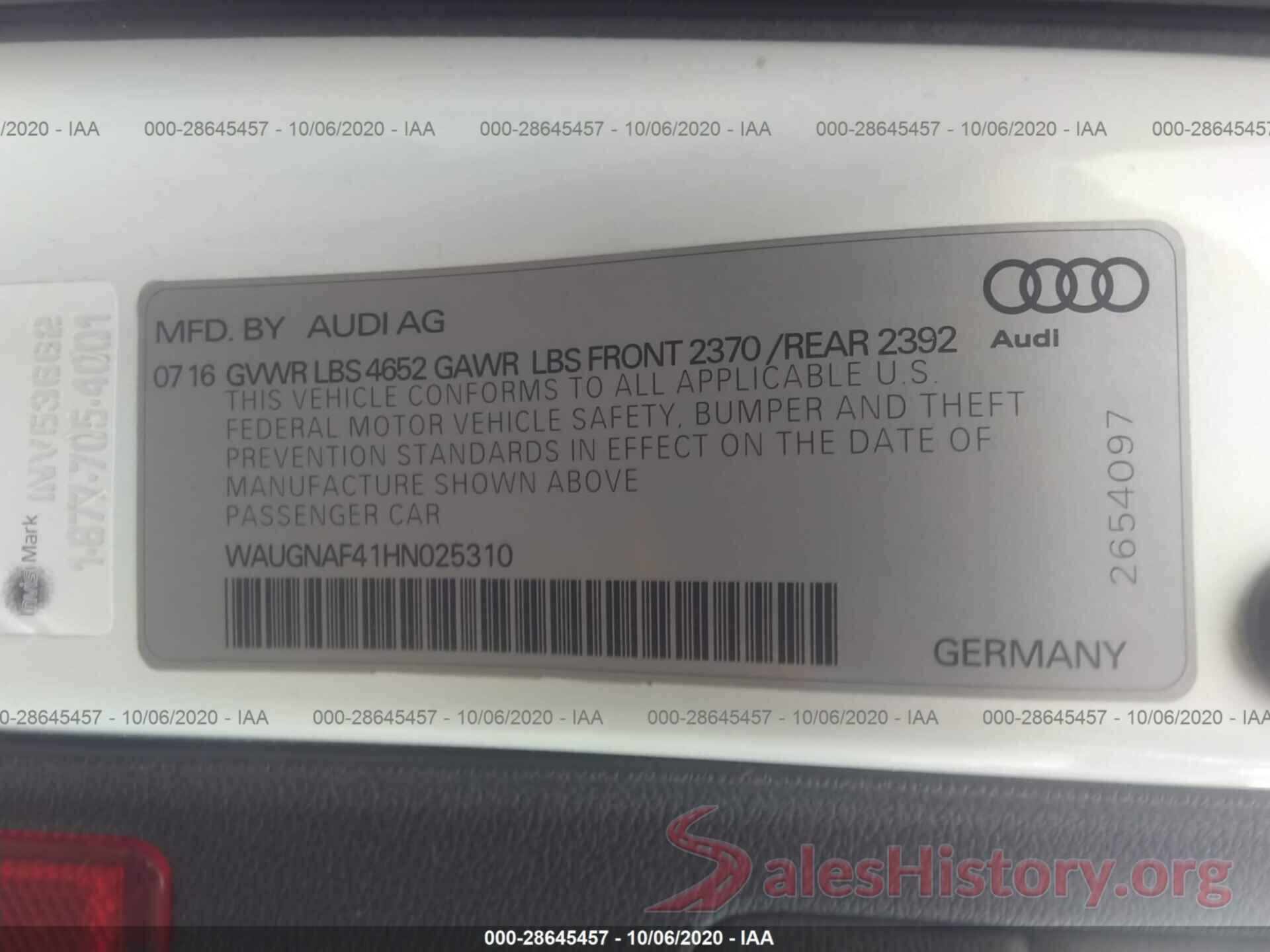 WAUGNAF41HN025310 2017 AUDI A4