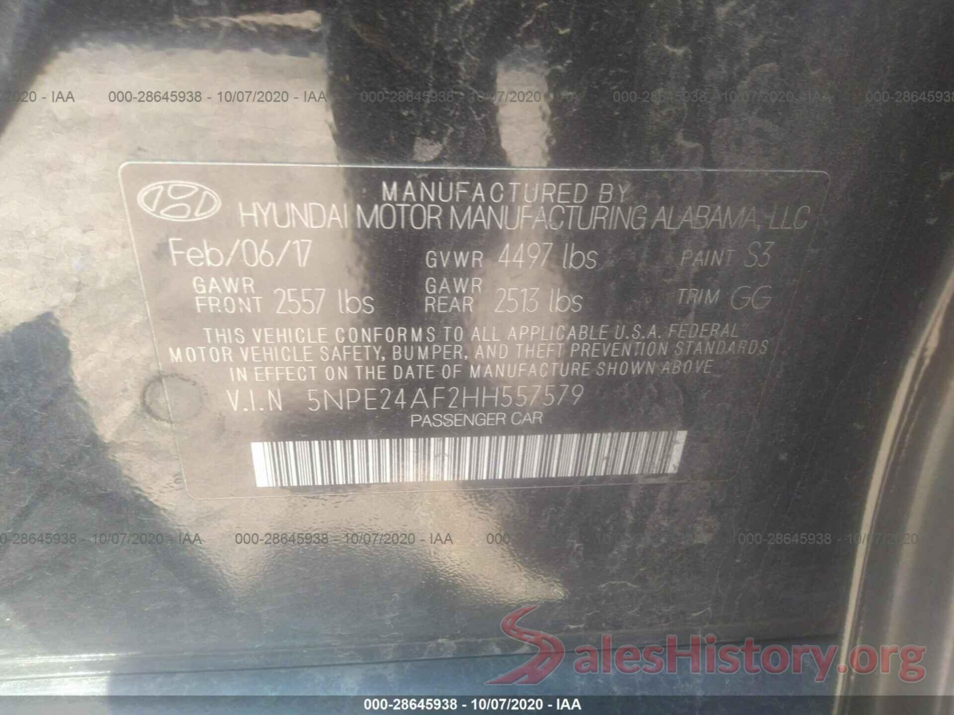 5NPE24AF2HH557579 2017 HYUNDAI SONATA