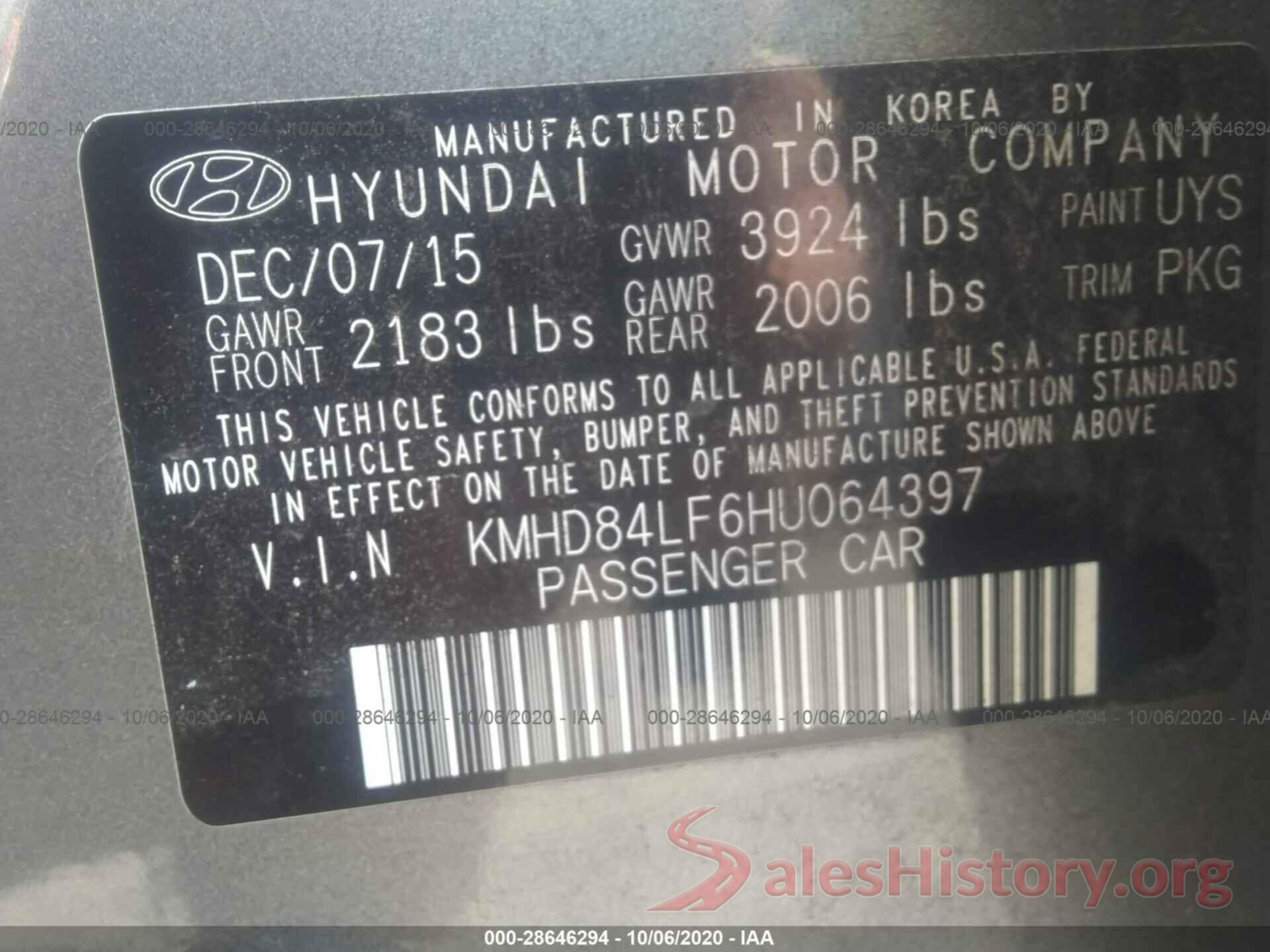 KMHD84LF6HU064397 2017 HYUNDAI ELANTRA