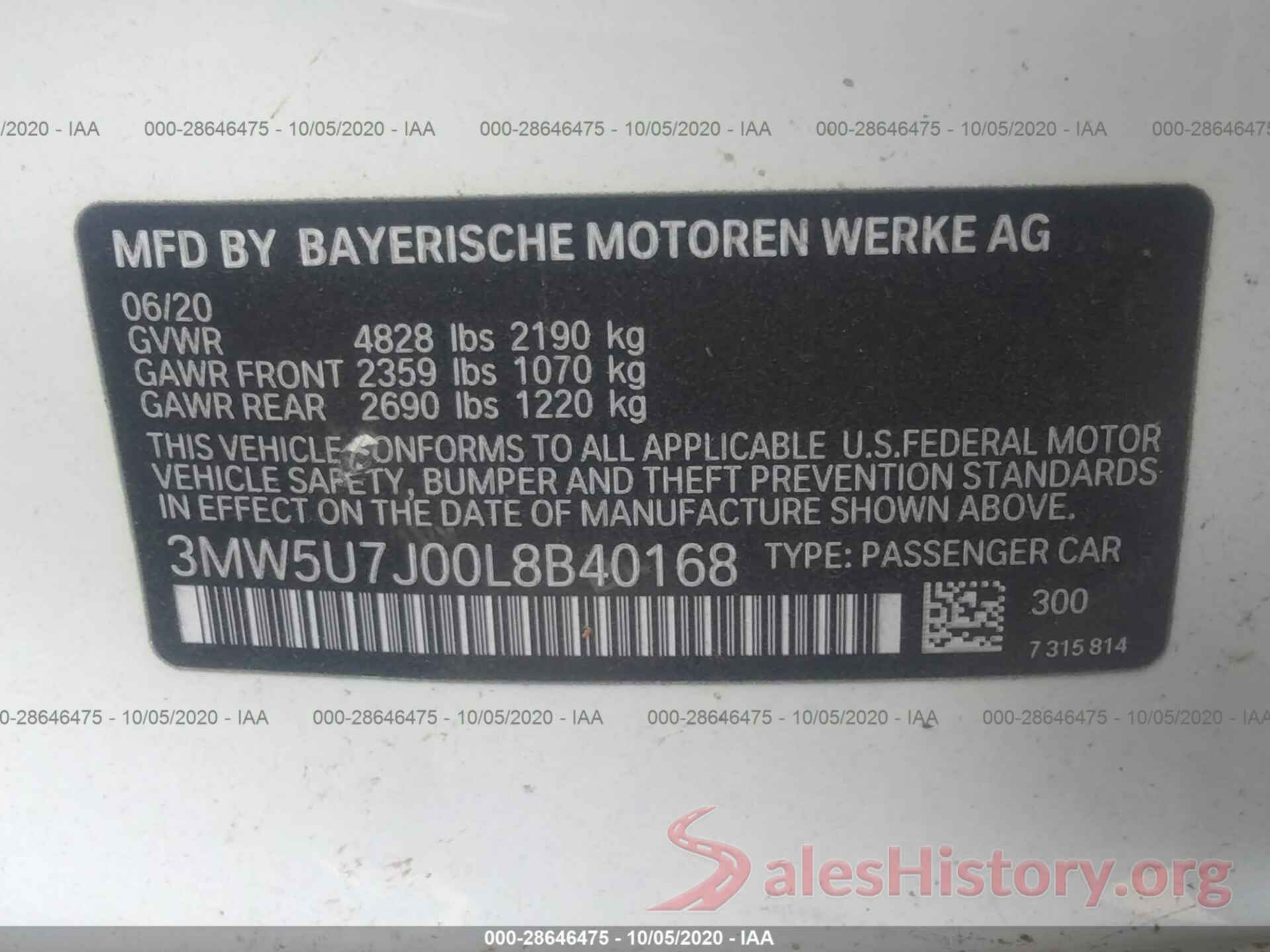 3MW5U7J00L8B40168 2020 BMW 3 SERIES