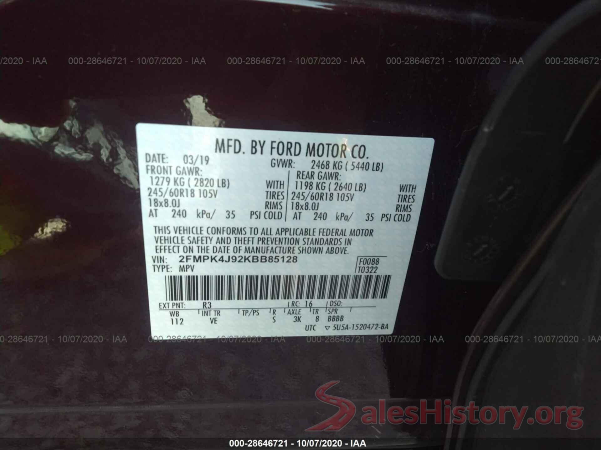 2FMPK4J92KBB85128 2019 FORD EDGE