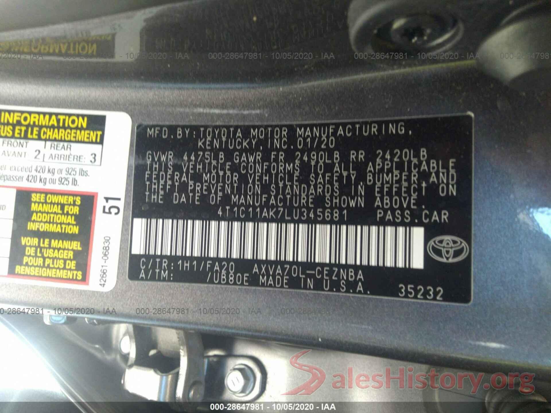 4T1C11AK7LU345681 2020 TOYOTA CAMRY