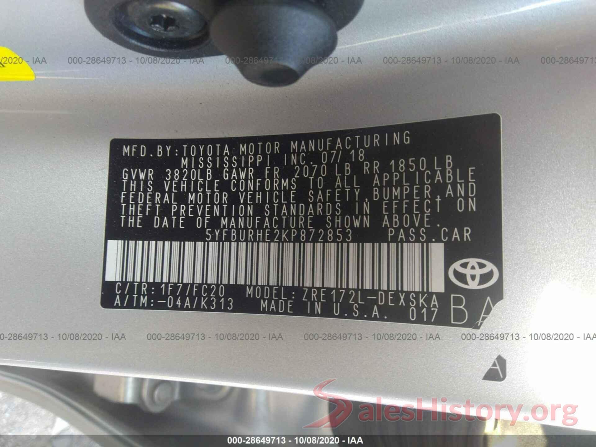 5YFBURHE2KP872853 2019 TOYOTA COROLLA