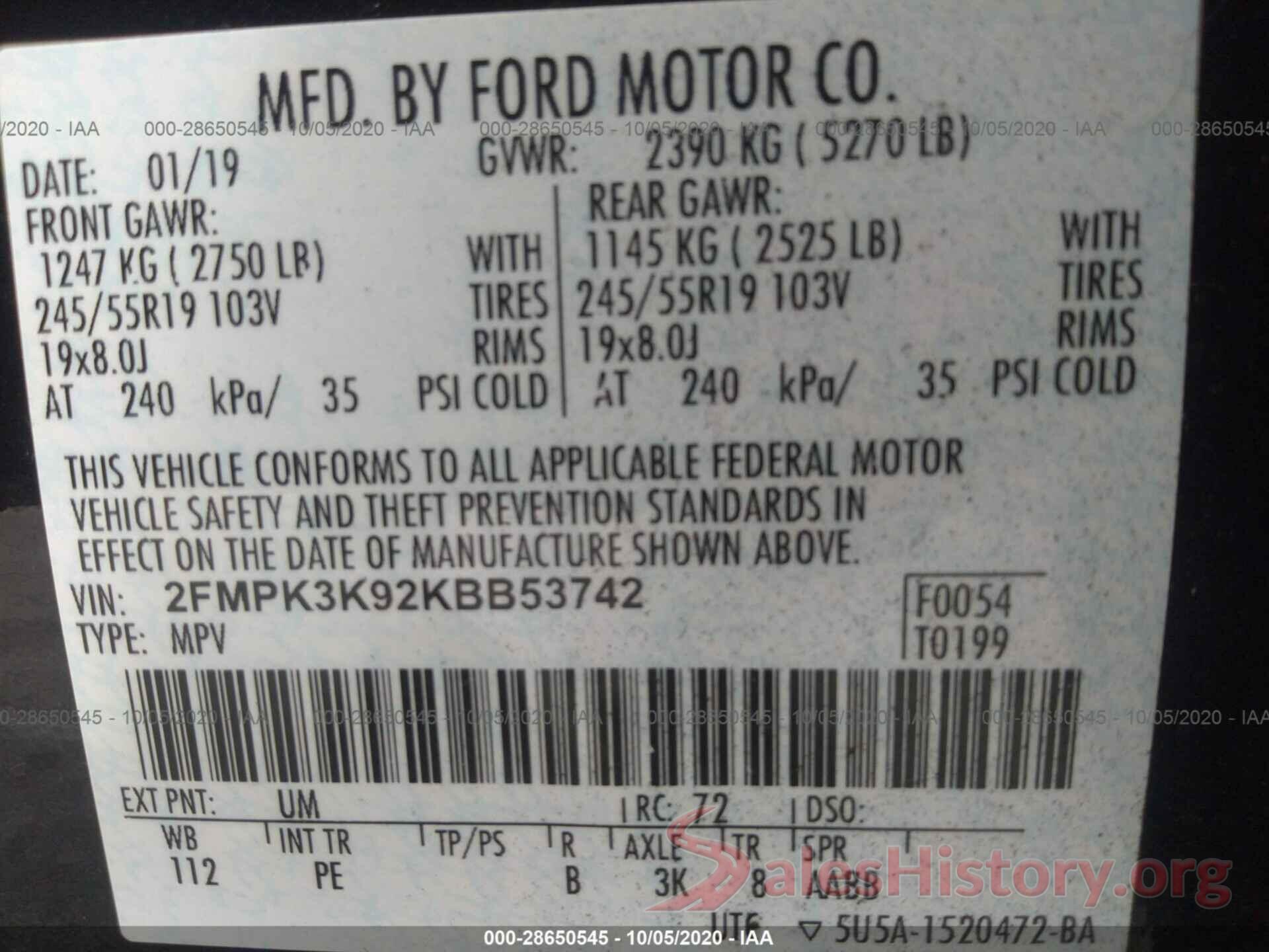 2FMPK3K92KBB53742 2019 FORD EDGE