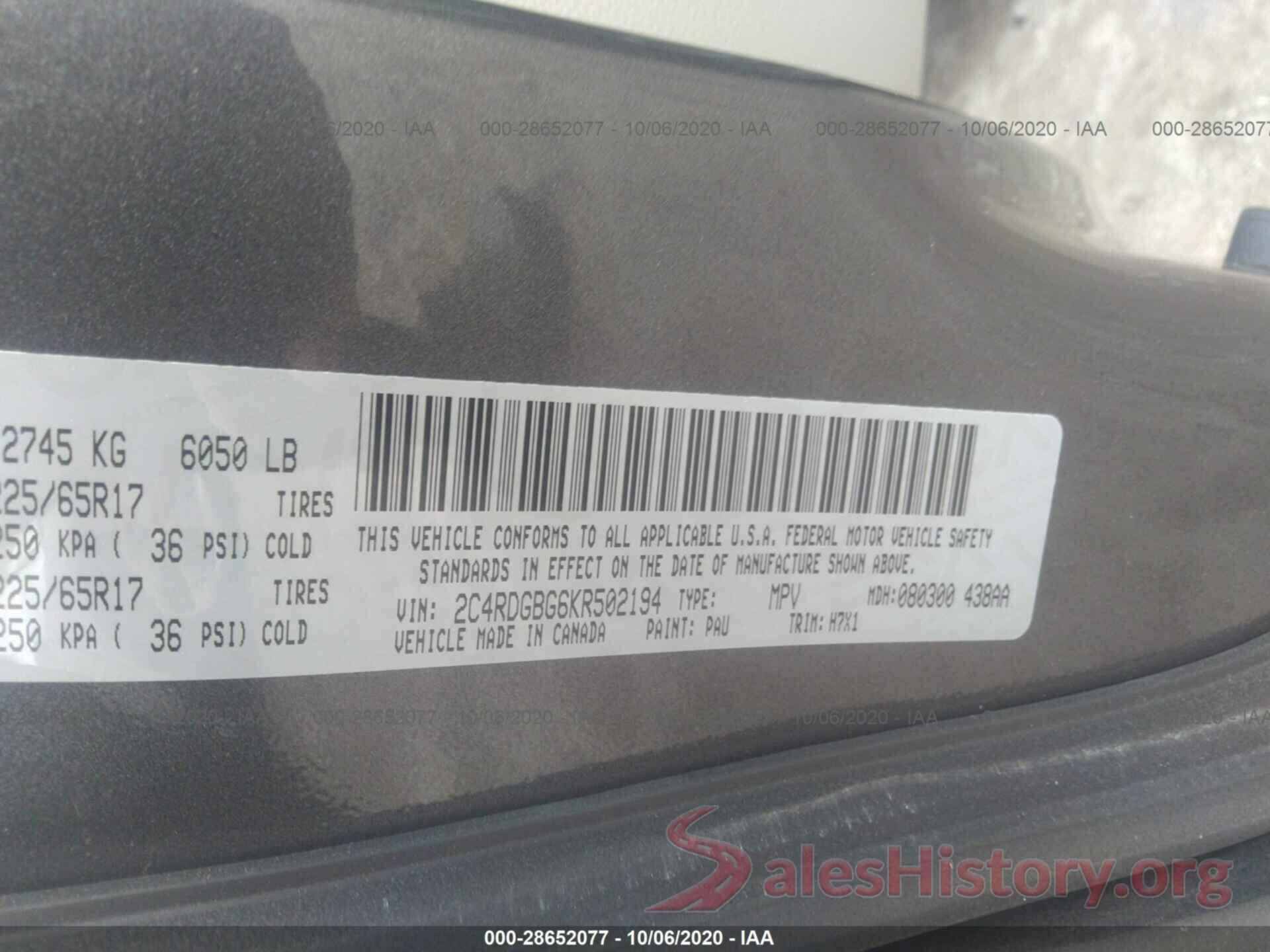 2C4RDGBG6KR502194 2019 DODGE GRAND CARAVAN