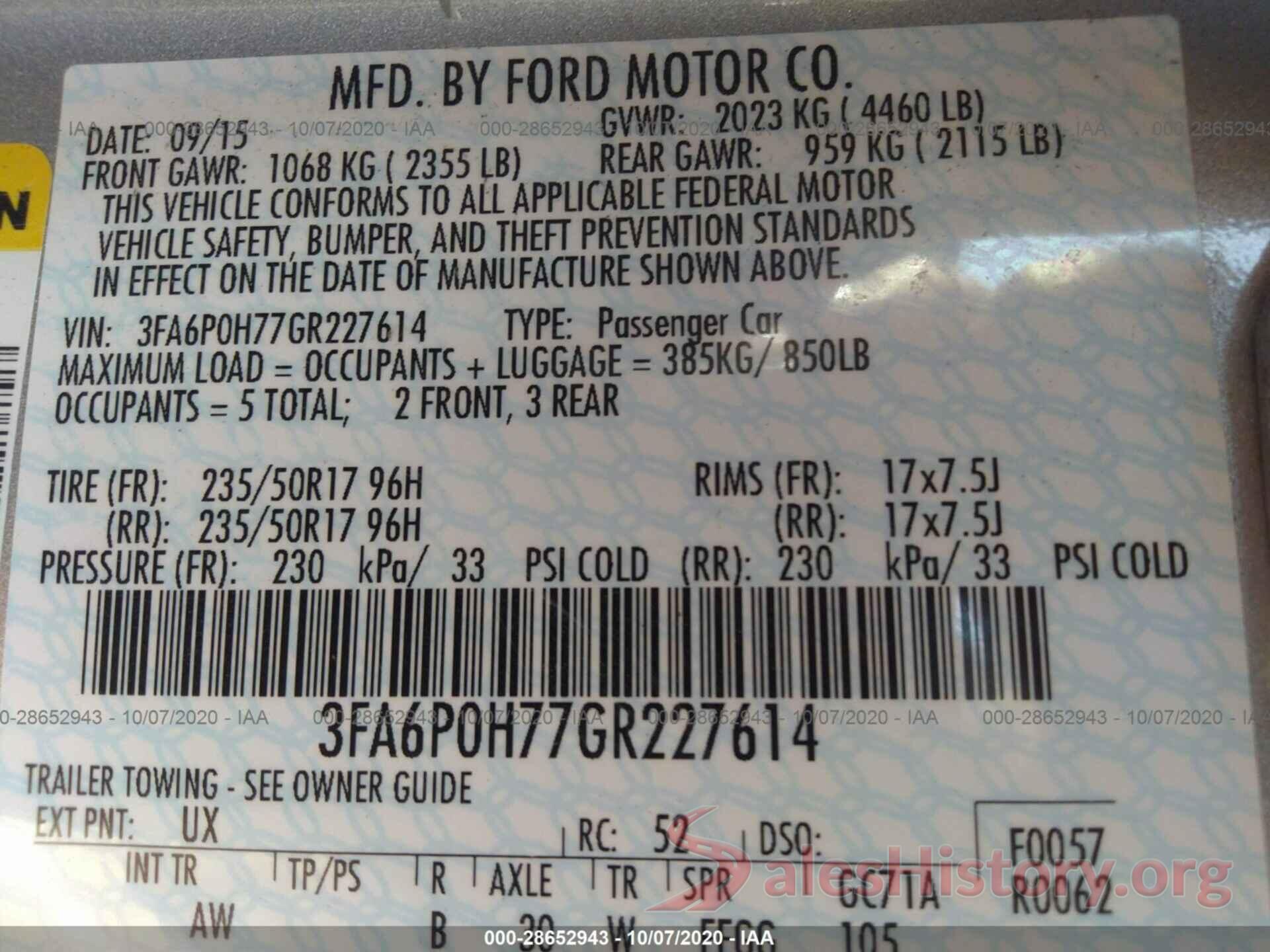 3FA6P0H77GR227614 2016 FORD FUSION