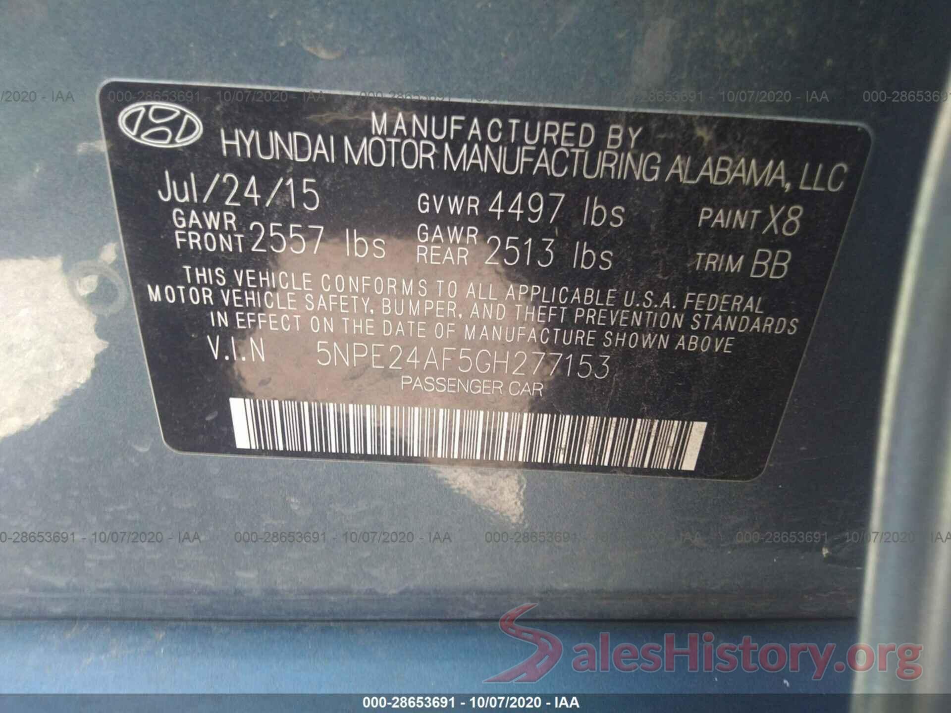 5NPE24AF5GH277153 2016 HYUNDAI SONATA