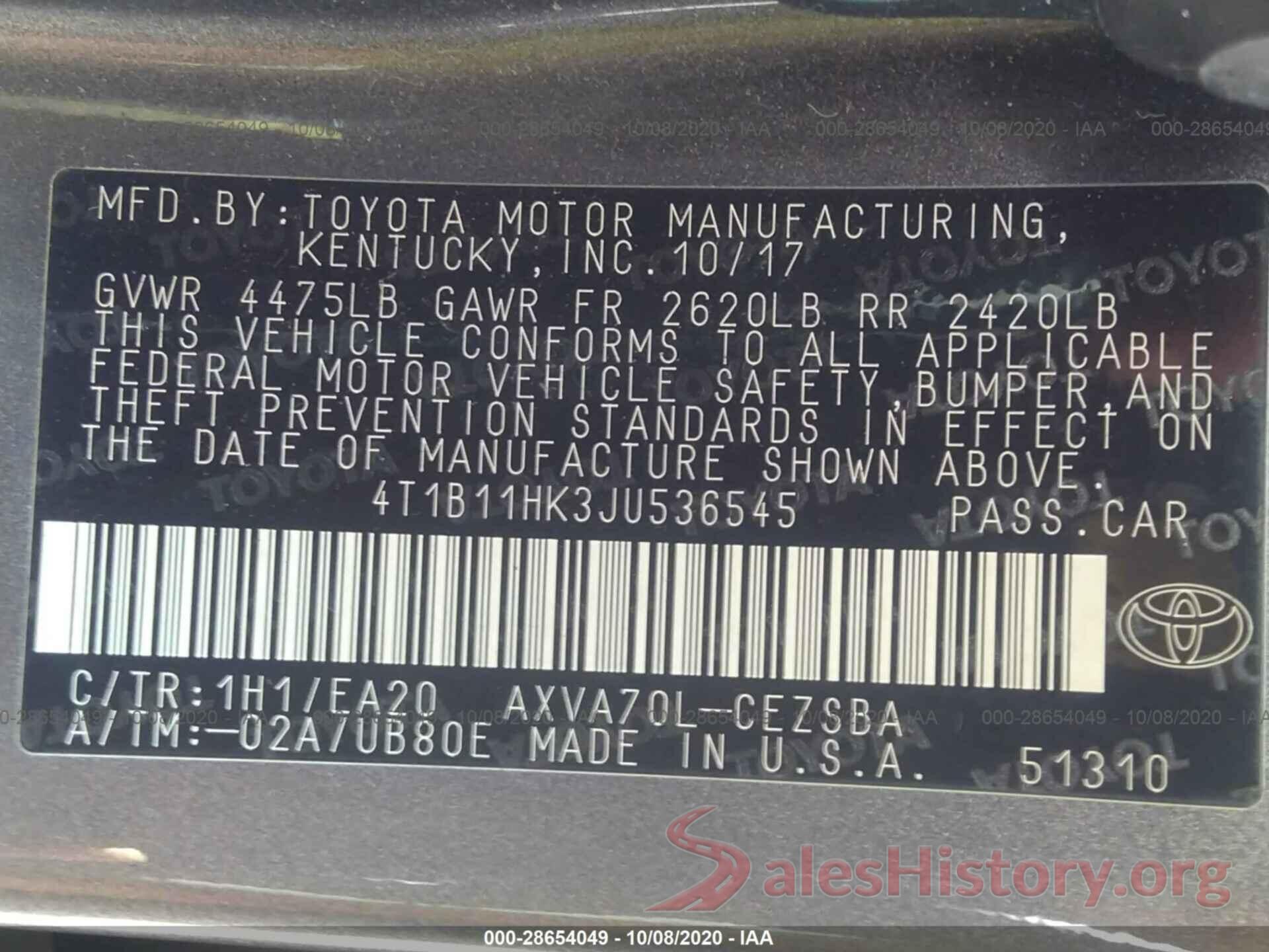 4T1B11HK3JU536545 2018 TOYOTA CAMRY