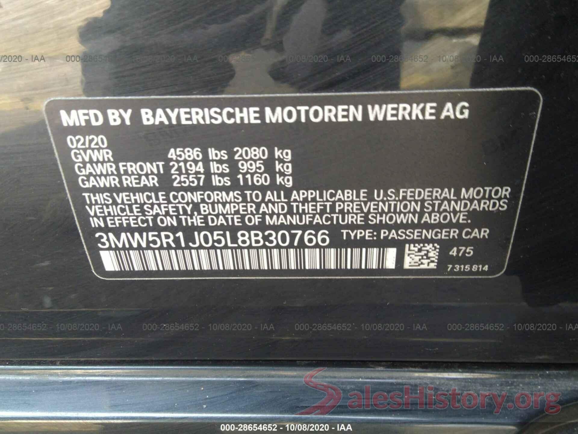 3MW5R1J05L8B30766 2020 BMW 3 SERIES