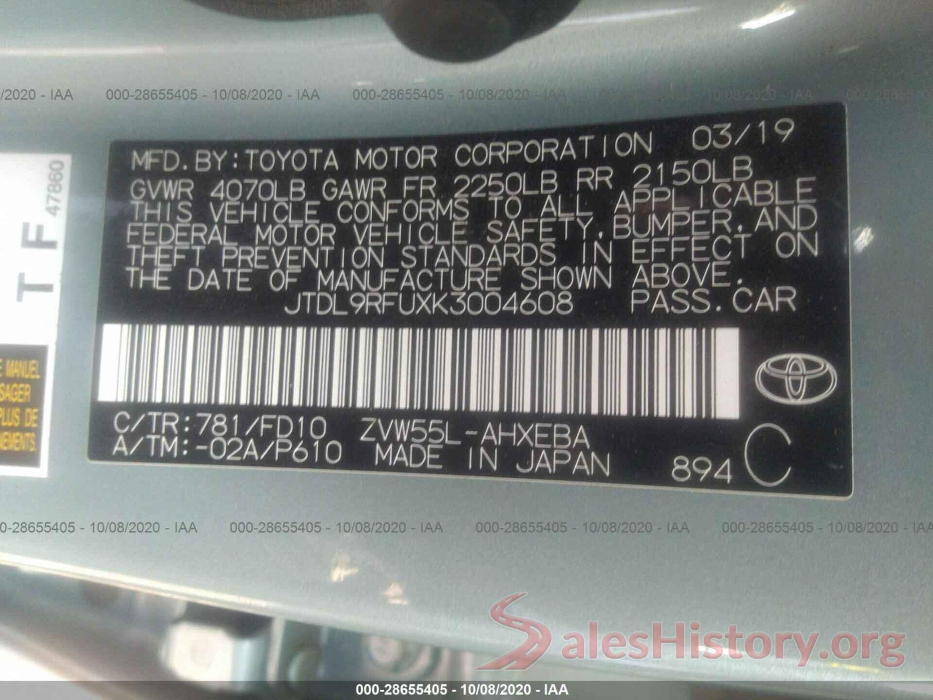 JTDL9RFUXK3004608 2019 TOYOTA PRIUS