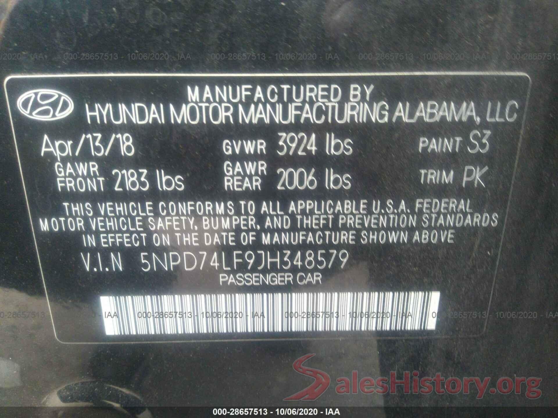 5NPD74LF9JH348579 2018 HYUNDAI ELANTRA