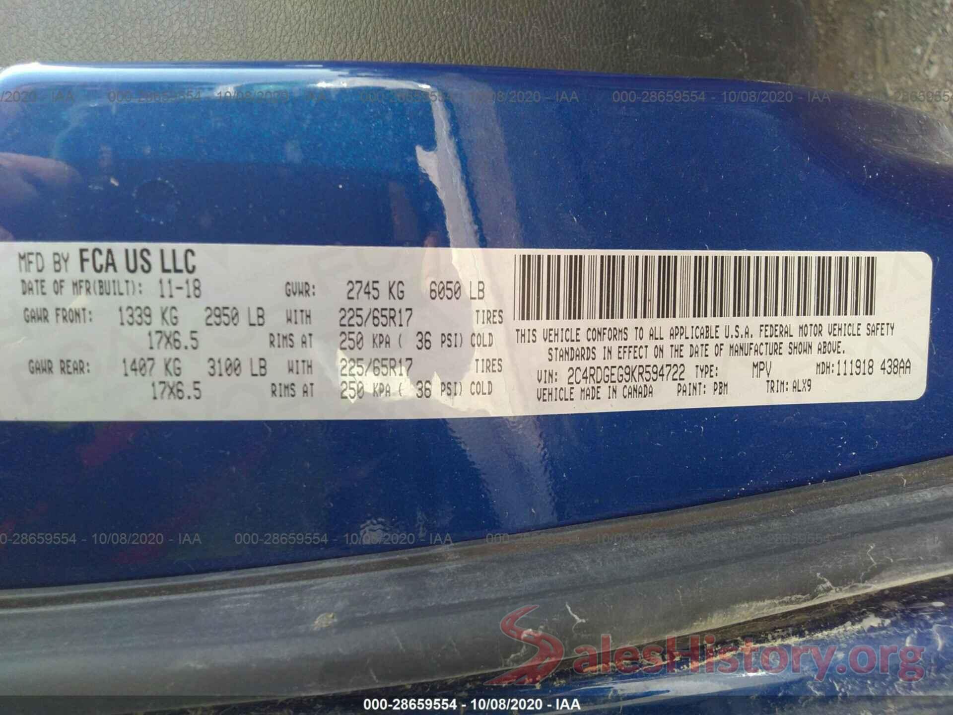 2C4RDGEG9KR594722 2019 DODGE GRAND CARAVAN