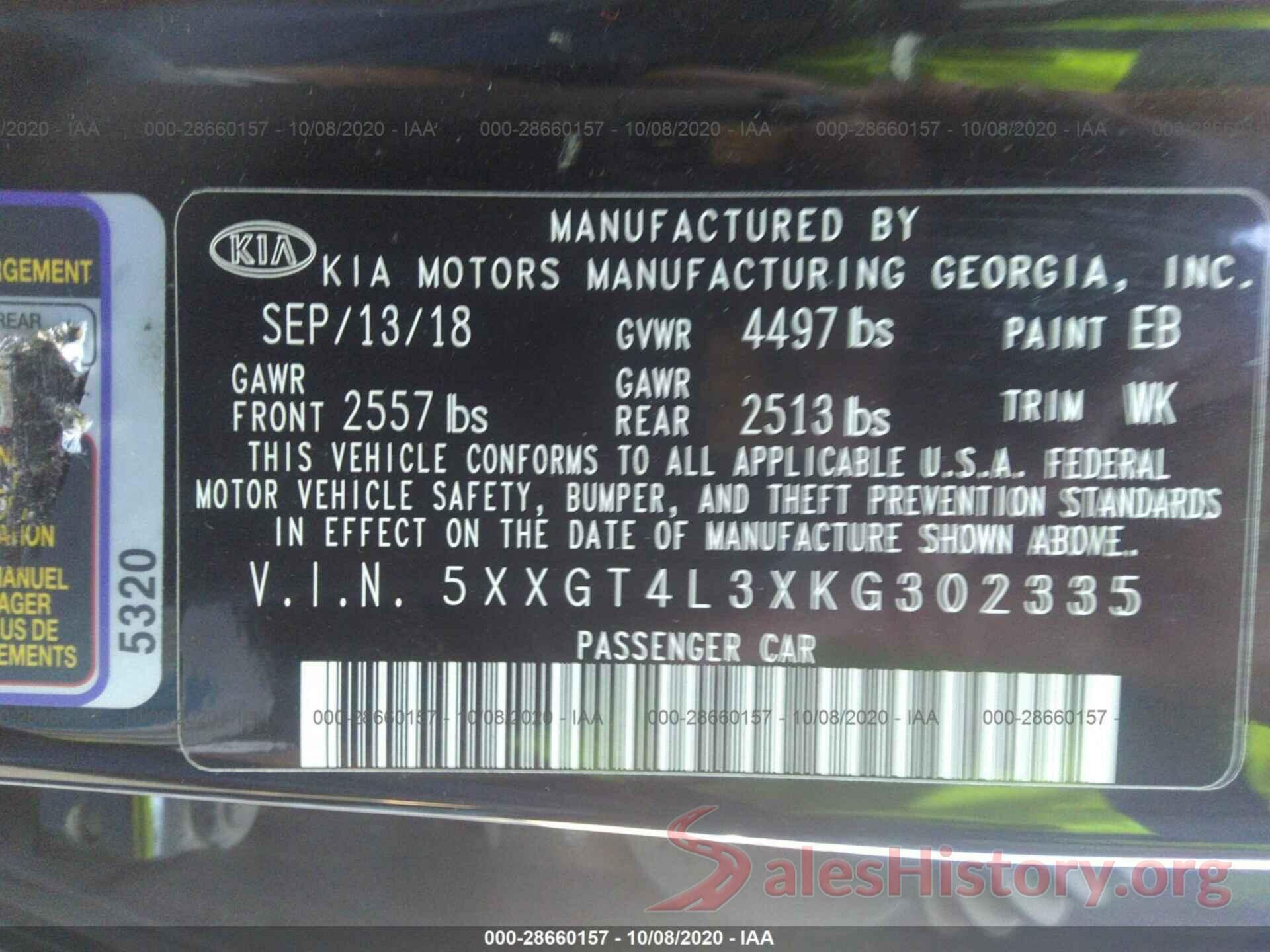 5XXGT4L3XKG302335 2019 KIA OPTIMA