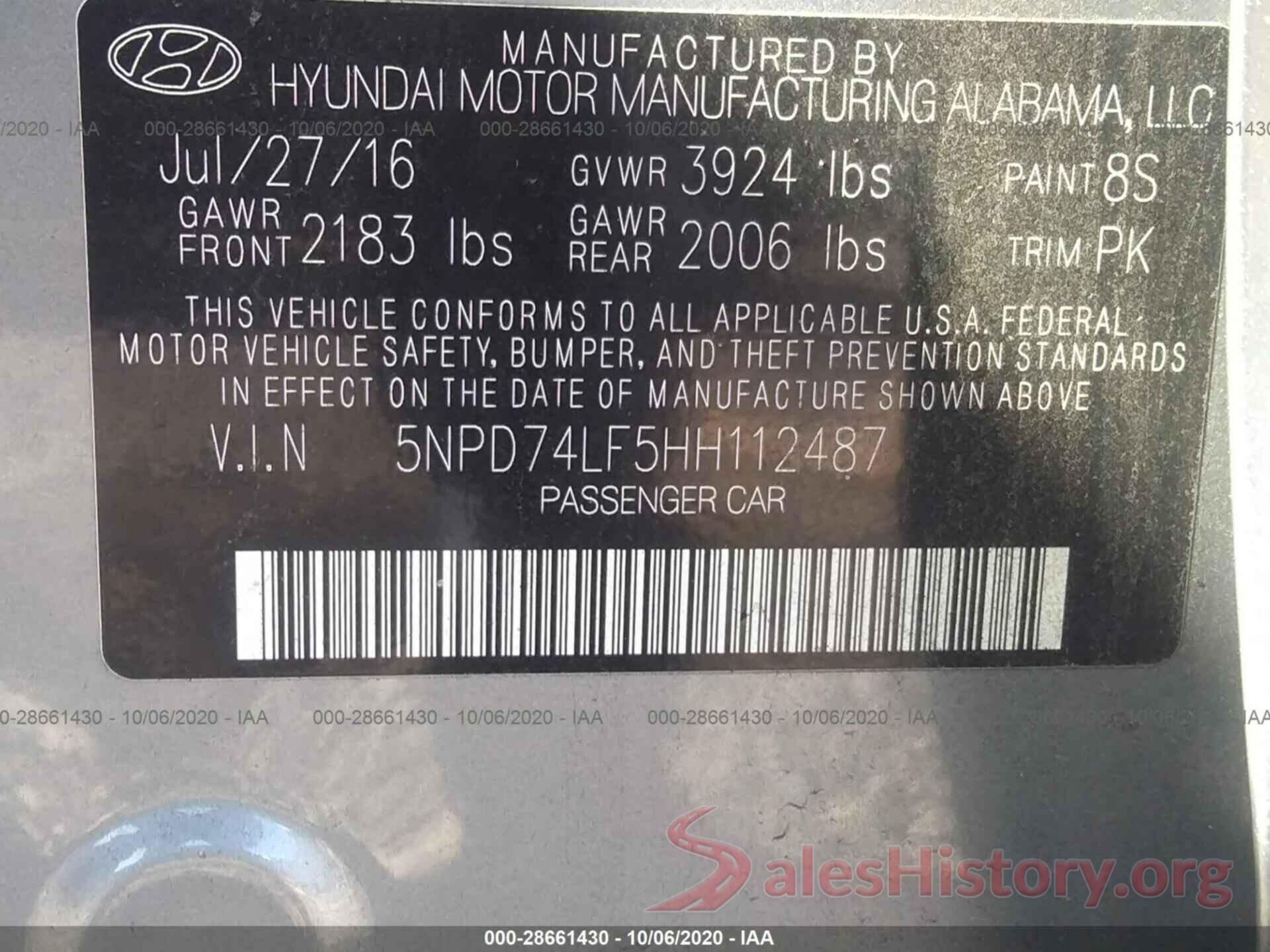 5NPD74LF5HH112487 2017 HYUNDAI ELANTRA