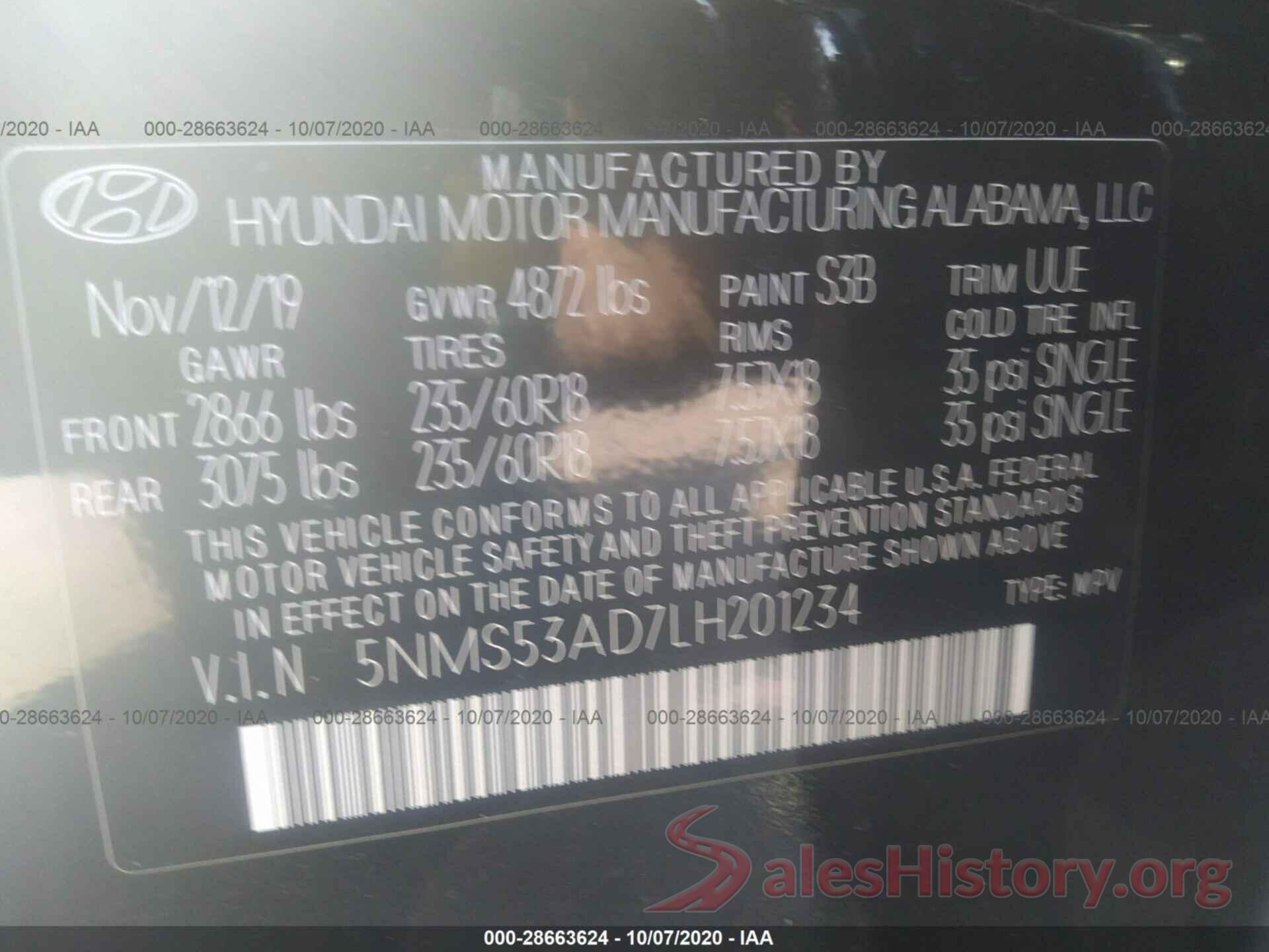 5NMS53AD7LH201234 2020 HYUNDAI SANTA FE