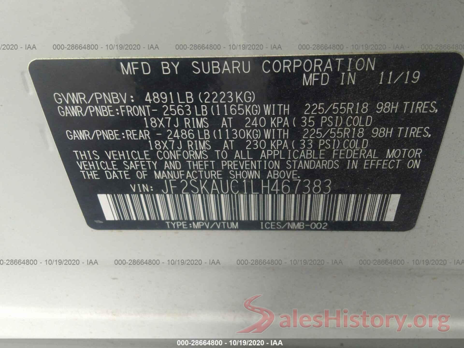 JF2SKAUC1LH467383 2020 SUBARU FORESTER