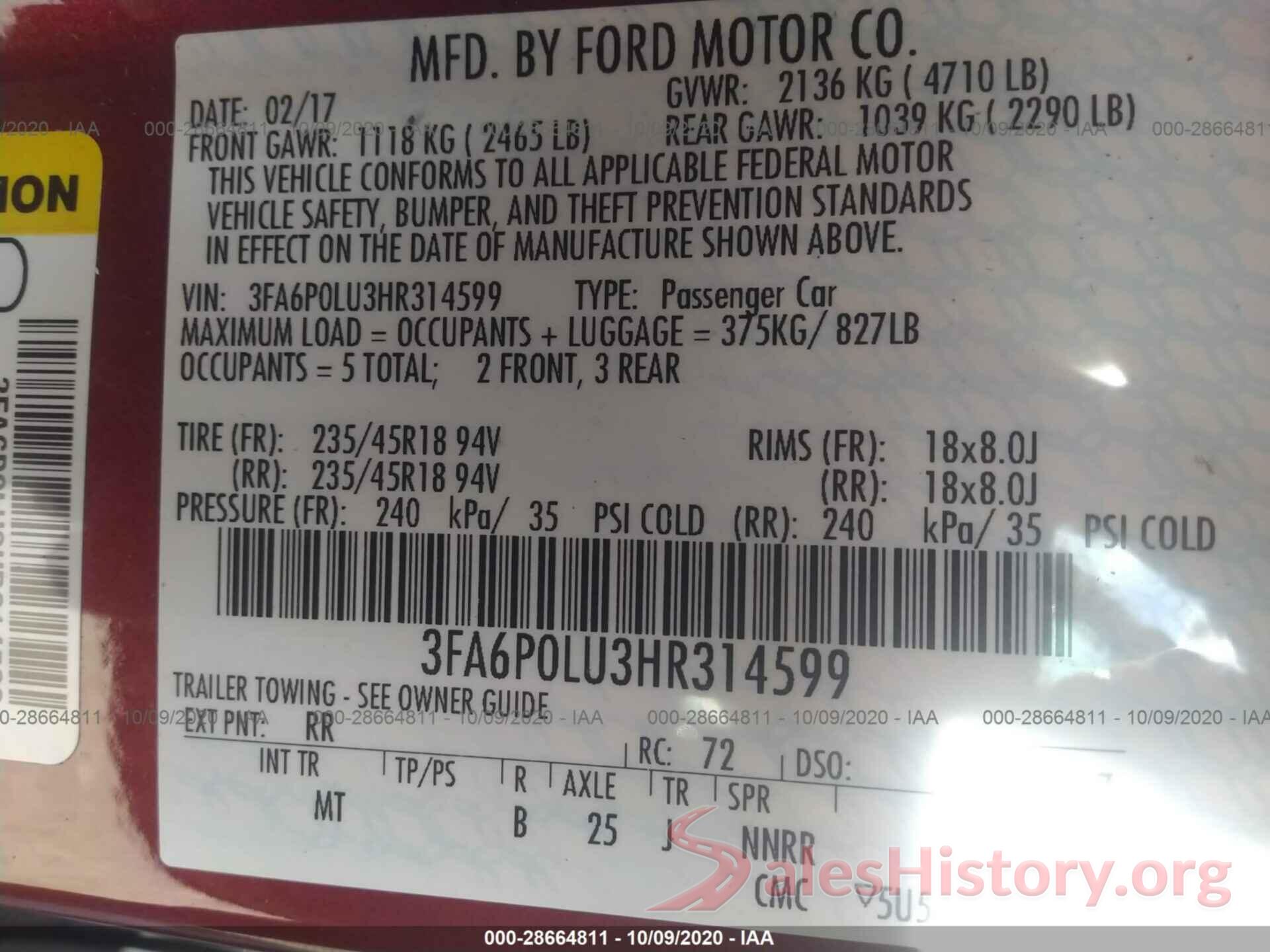 3FA6P0LU3HR314599 2017 FORD FUSION