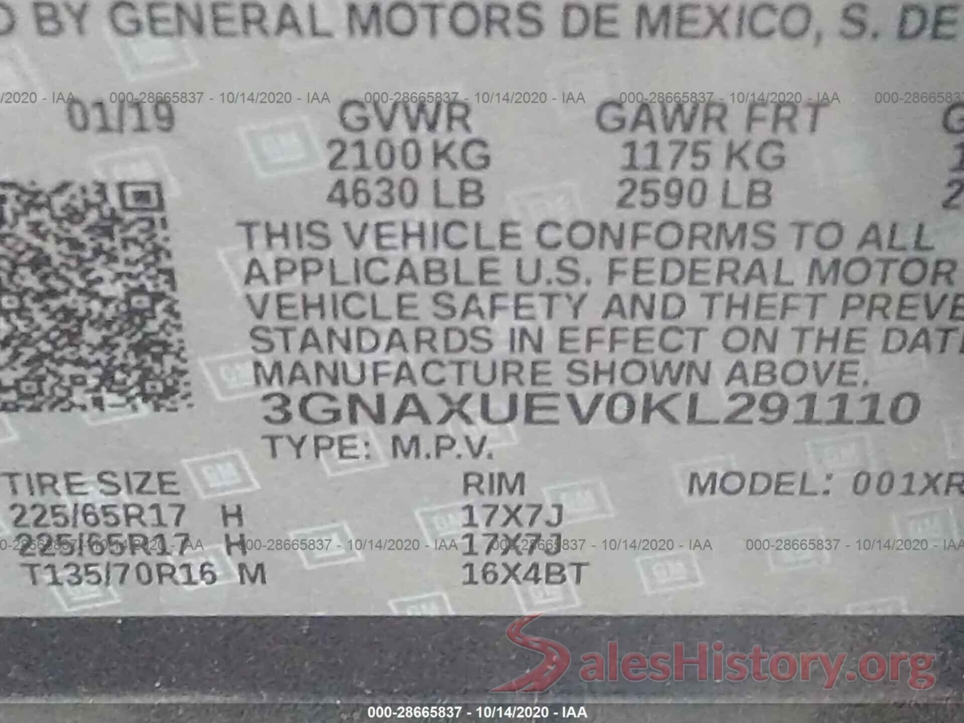 3GNAXUEV0KL291110 2019 CHEVROLET EQUINOX