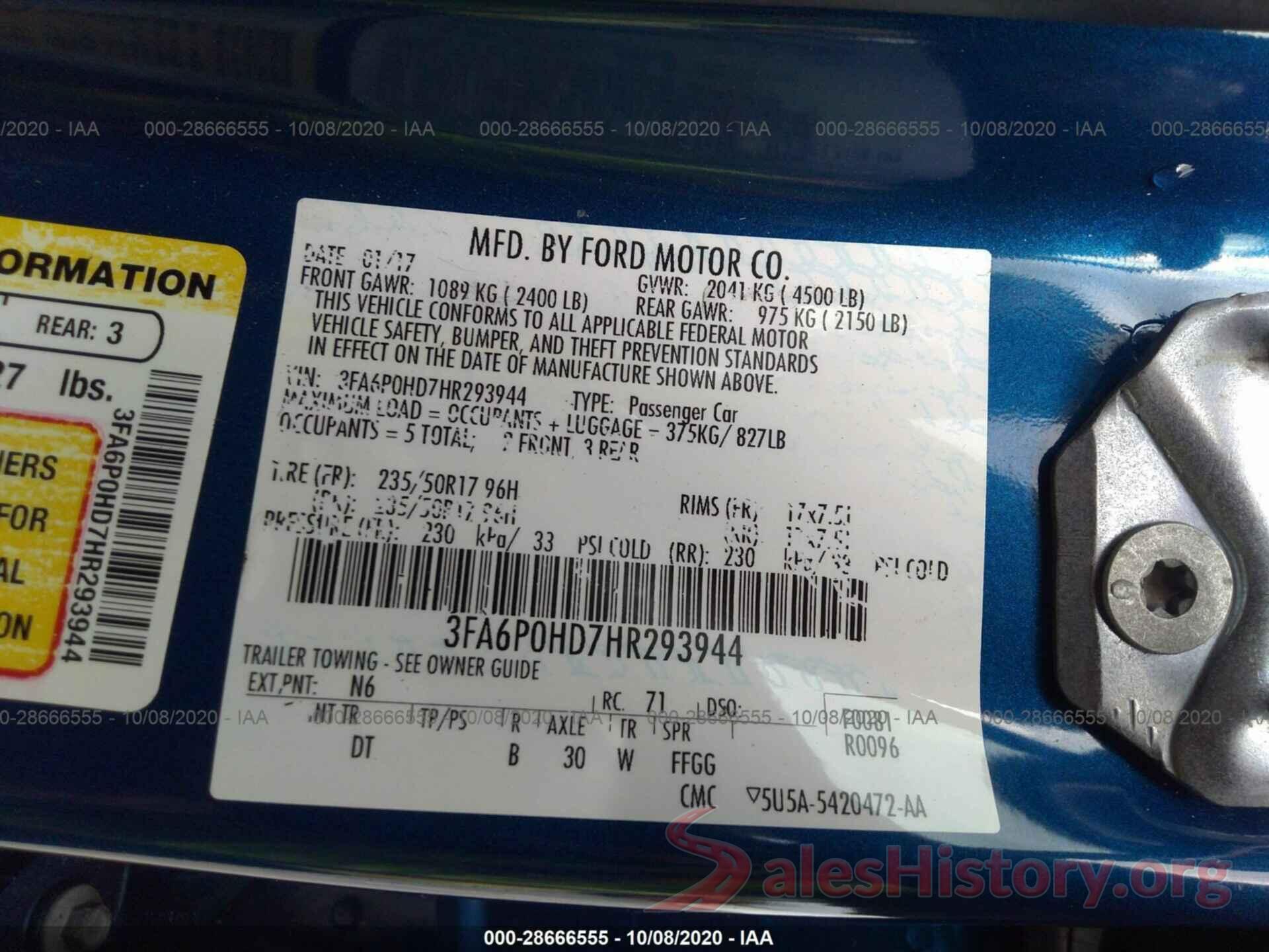 3FA6P0HD7HR293944 2017 FORD FUSION